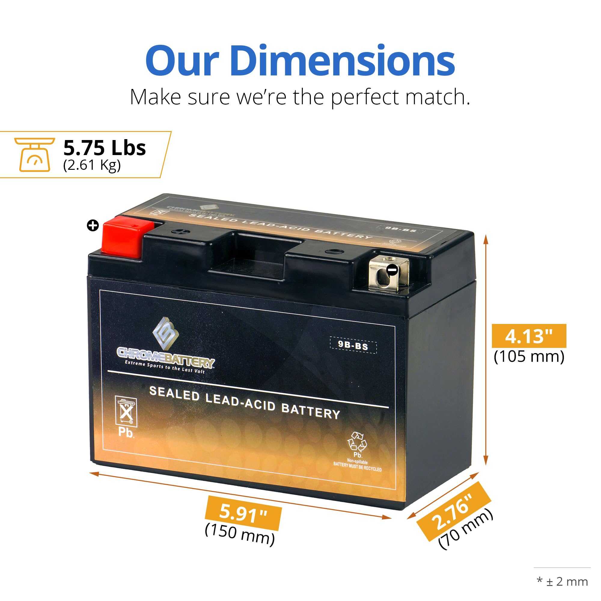 CB CHROMEBATTERY YTX9B-BS terminal with T3 nut and bolt design offers secure connections.