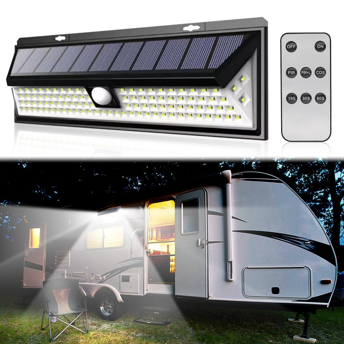 CCBASEBALL Solar RV Porch Light side view with wide 270° illumination for dark exterior areas.