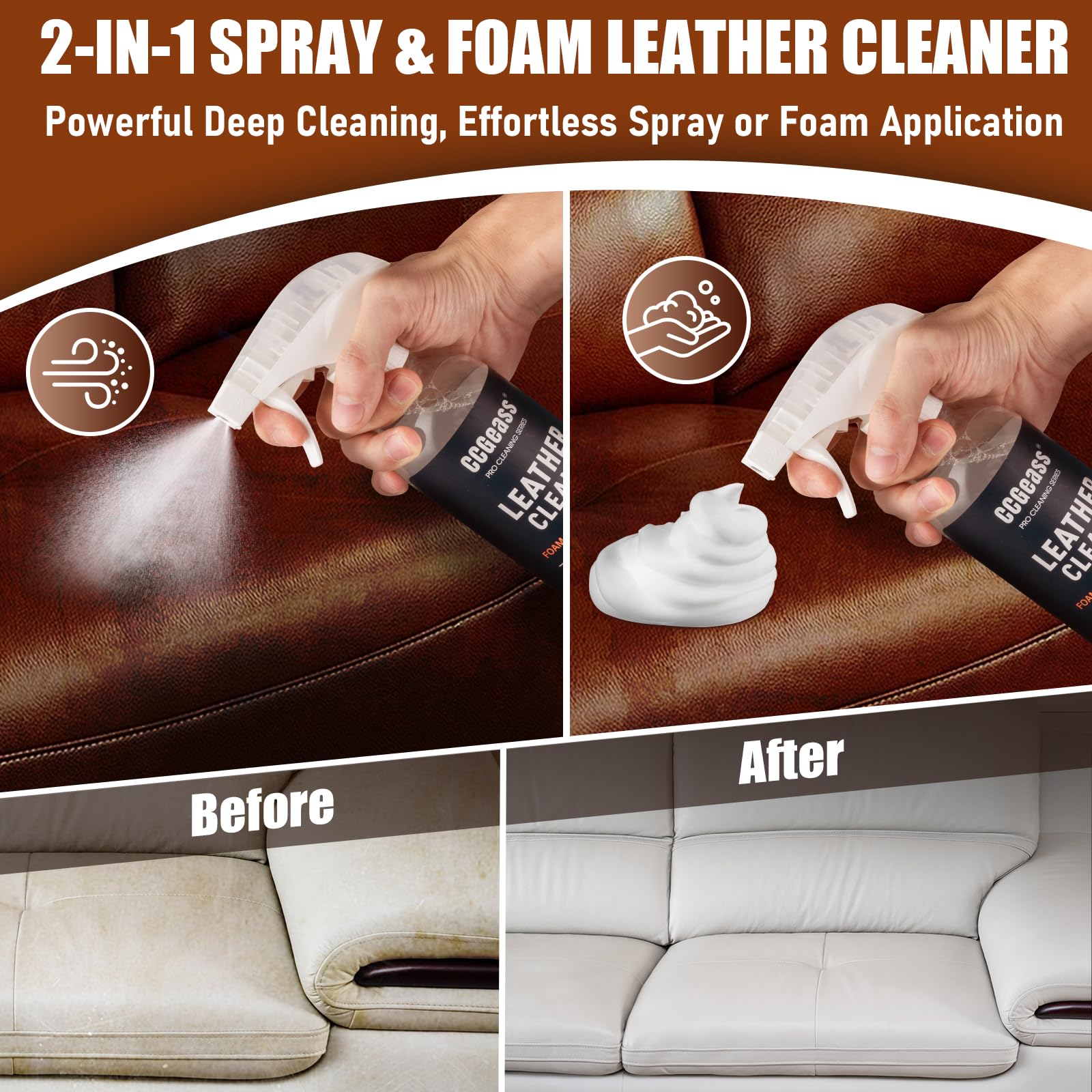 CCGeass Leather Cleaner-foam-application demonstrates easy vertical surface cleaning without rinsing.
