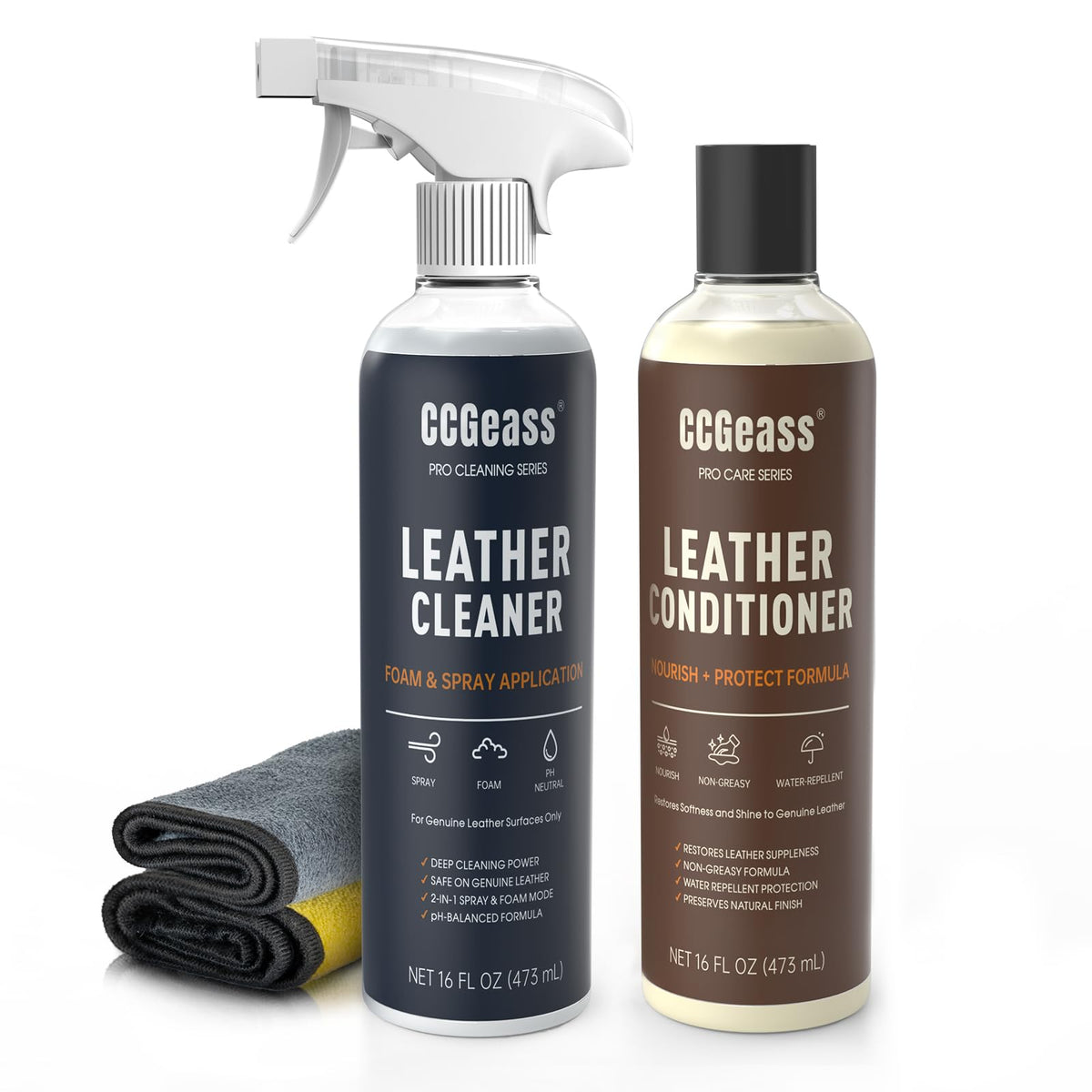 CCGeass Leather Cleaner foam bottle cleans and lifts dirt from leather surfaces.