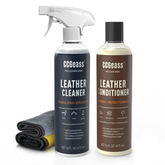 CCGeass Leather Cleaner foam bottle cleans and lifts dirt from leather surfaces.