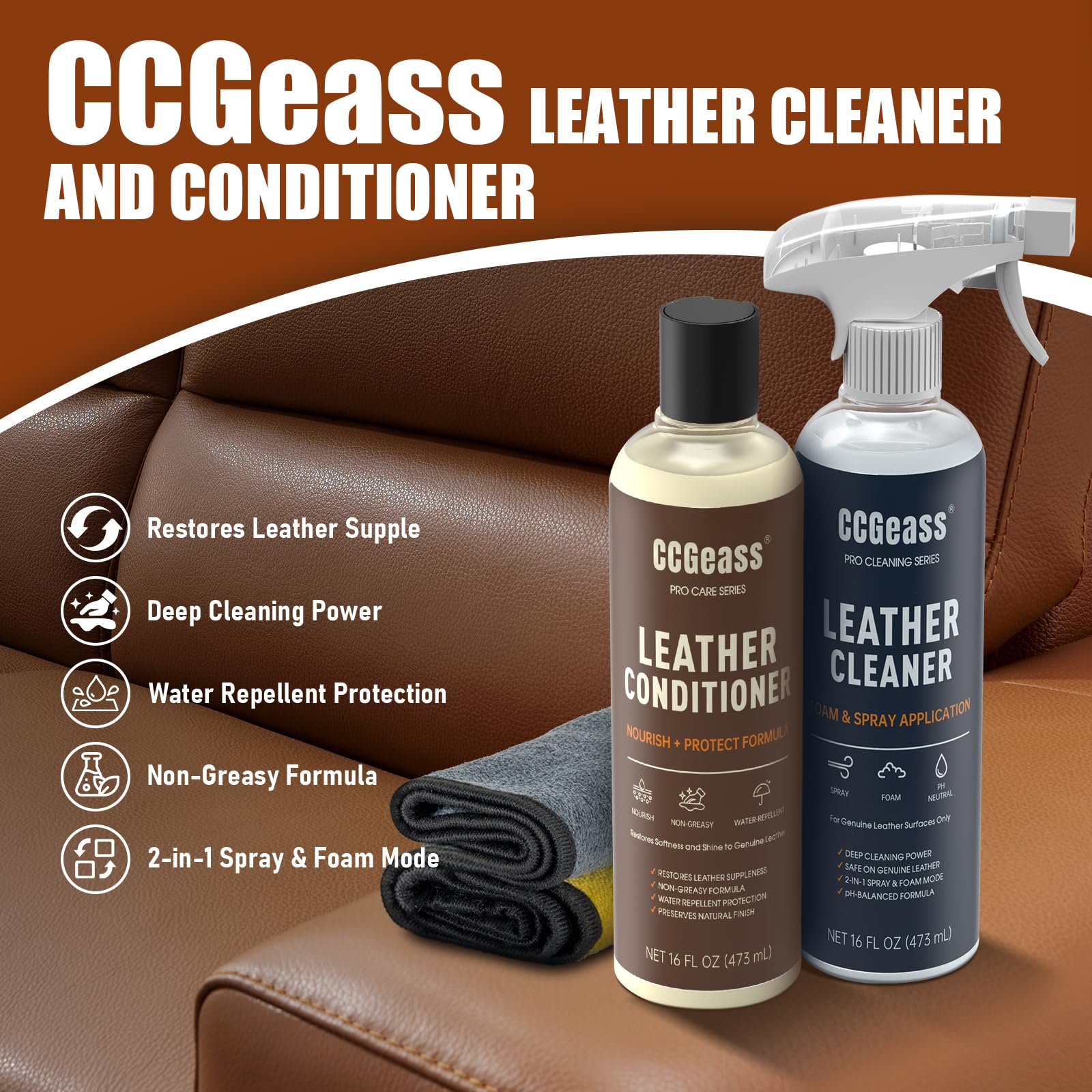 CCGeass Leather Cleaner spray-coverage highlights even, consistent cleaning across large areas.