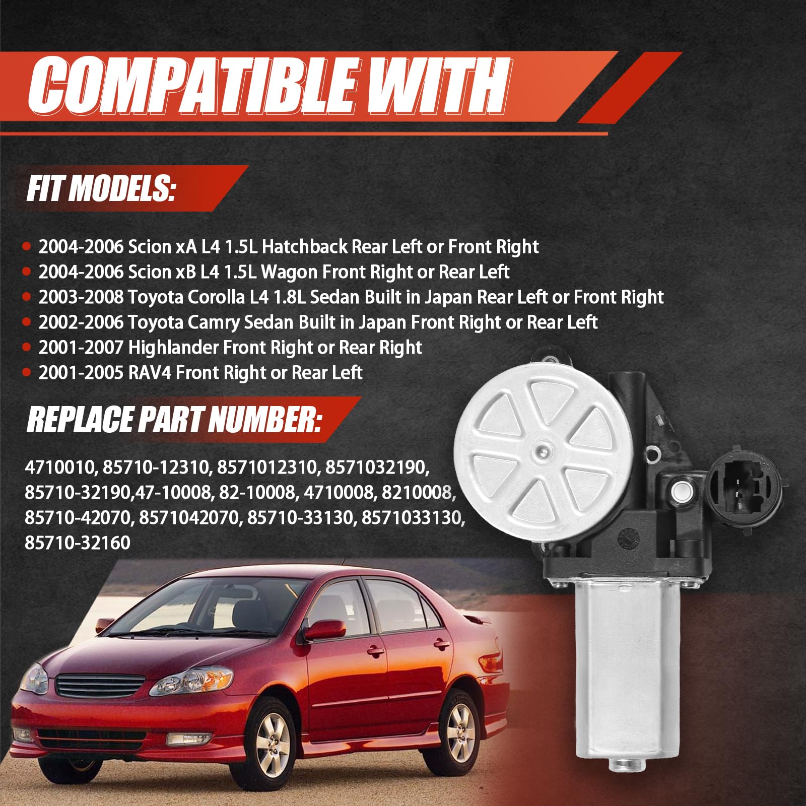CCNLHZM window motor for Toyota Highlander front-right close-up highlighting quick movement.