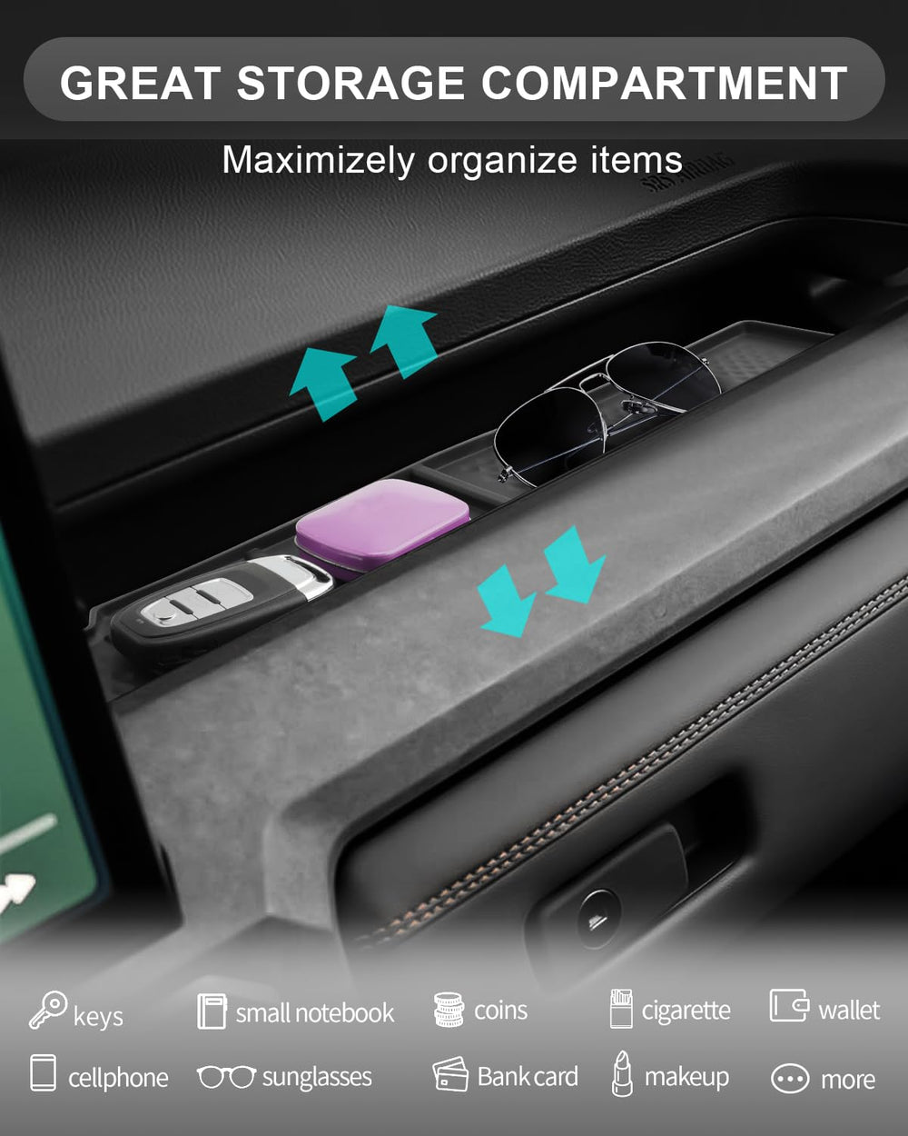 CDEFG seamless-fit storage box blends with interior while reducing clutter.