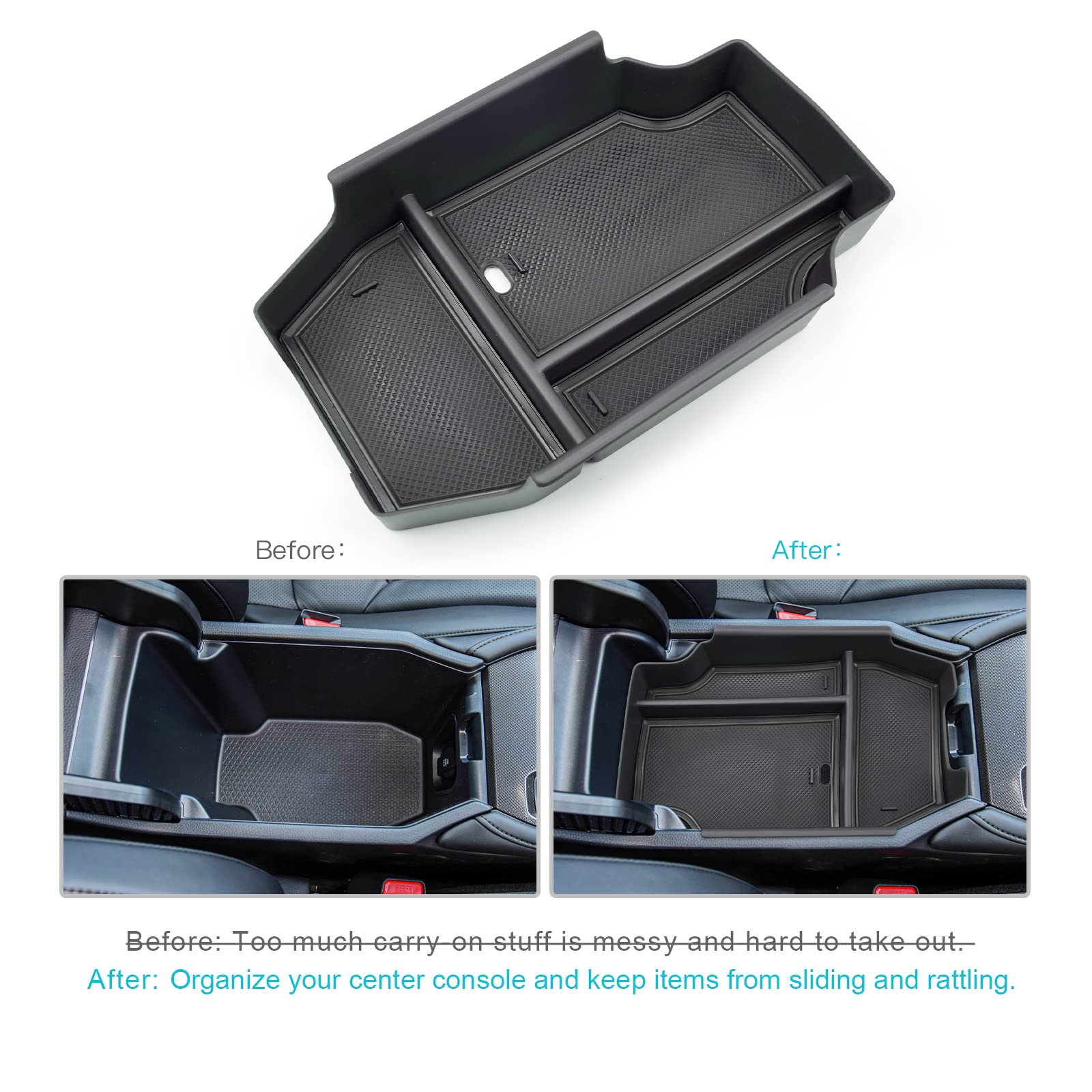 CDEFG Accord console tray with non-slip mats prevents items from sliding during drives