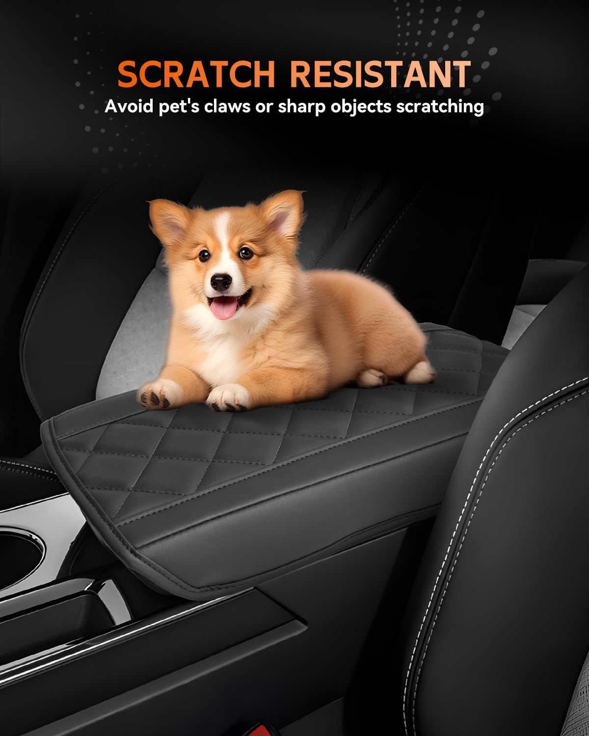 CDEFG center console cover close-up shows stitching and durable PU leather.