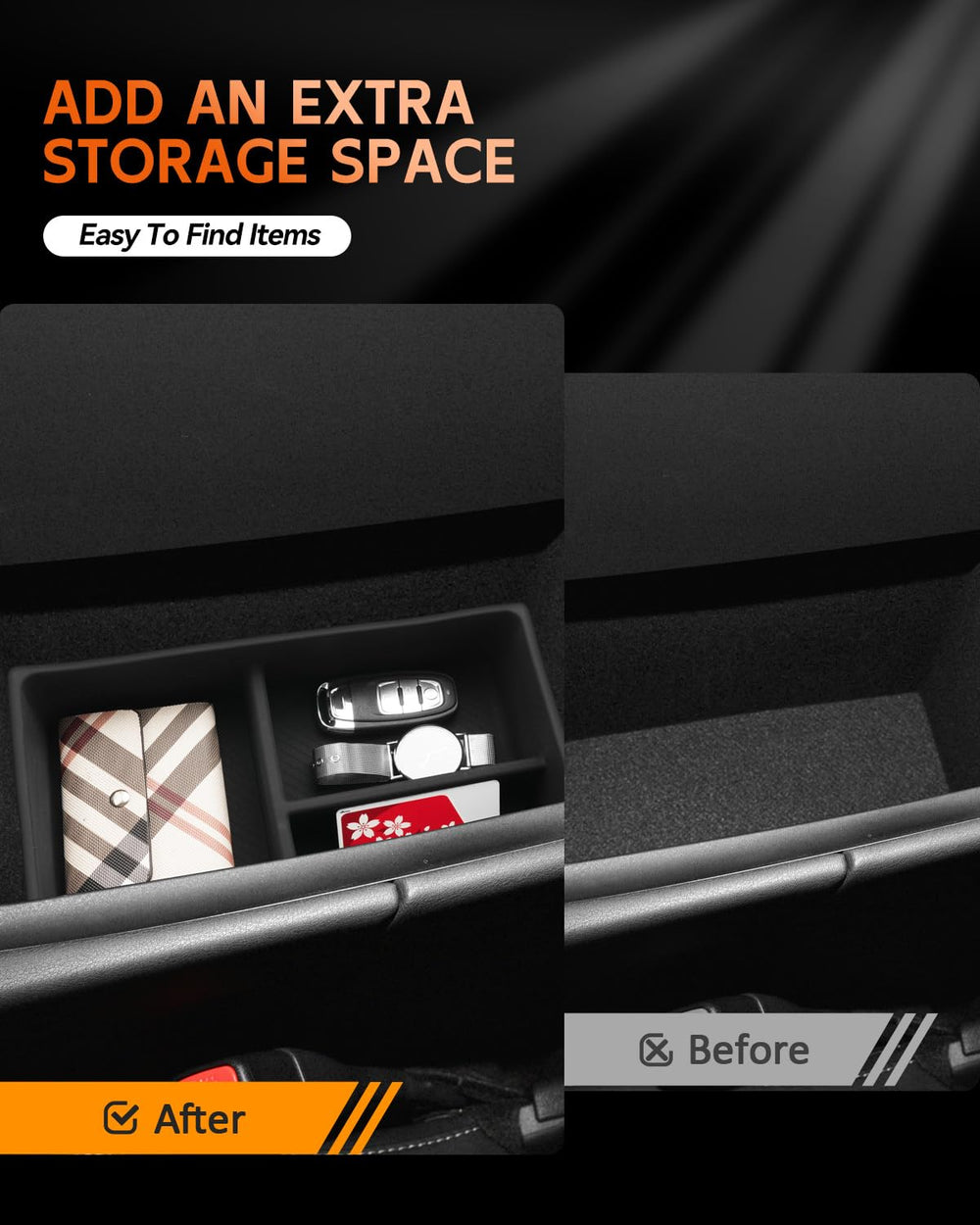 CDEFG center console divider tray keeps compartments tidy during drives
