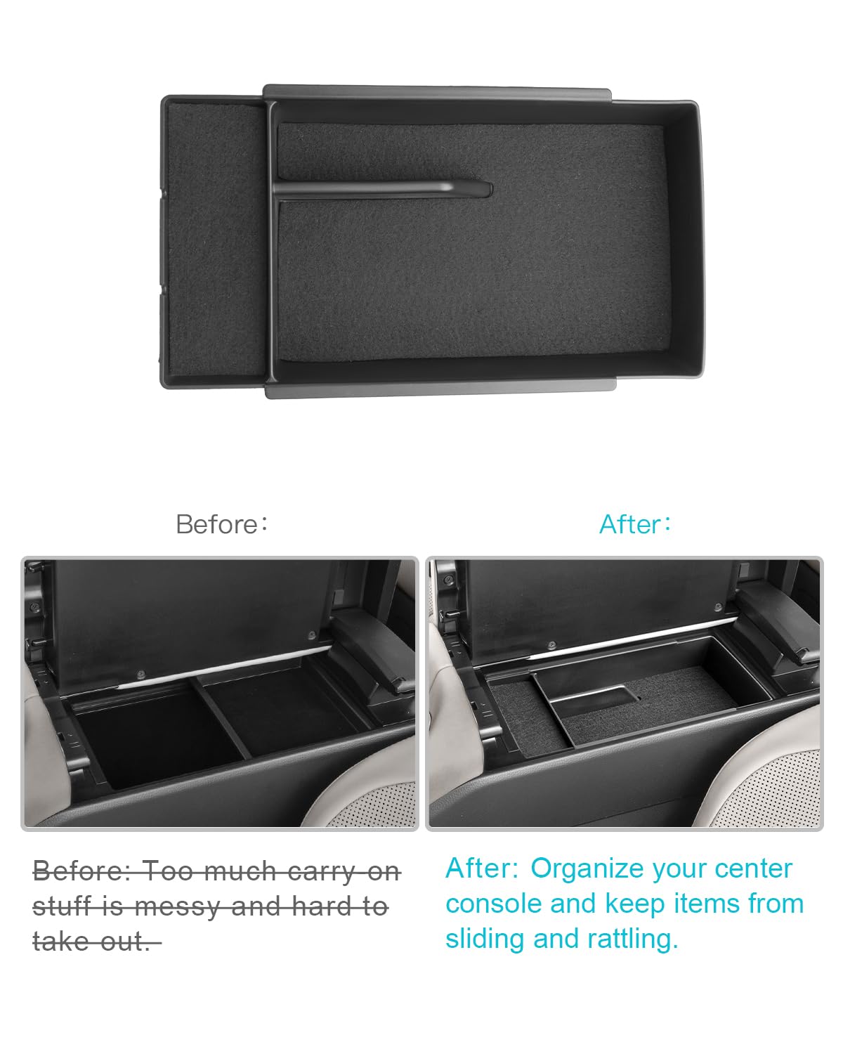 CDEFG Crown center console organizer tray side view shows seamless interior alignment