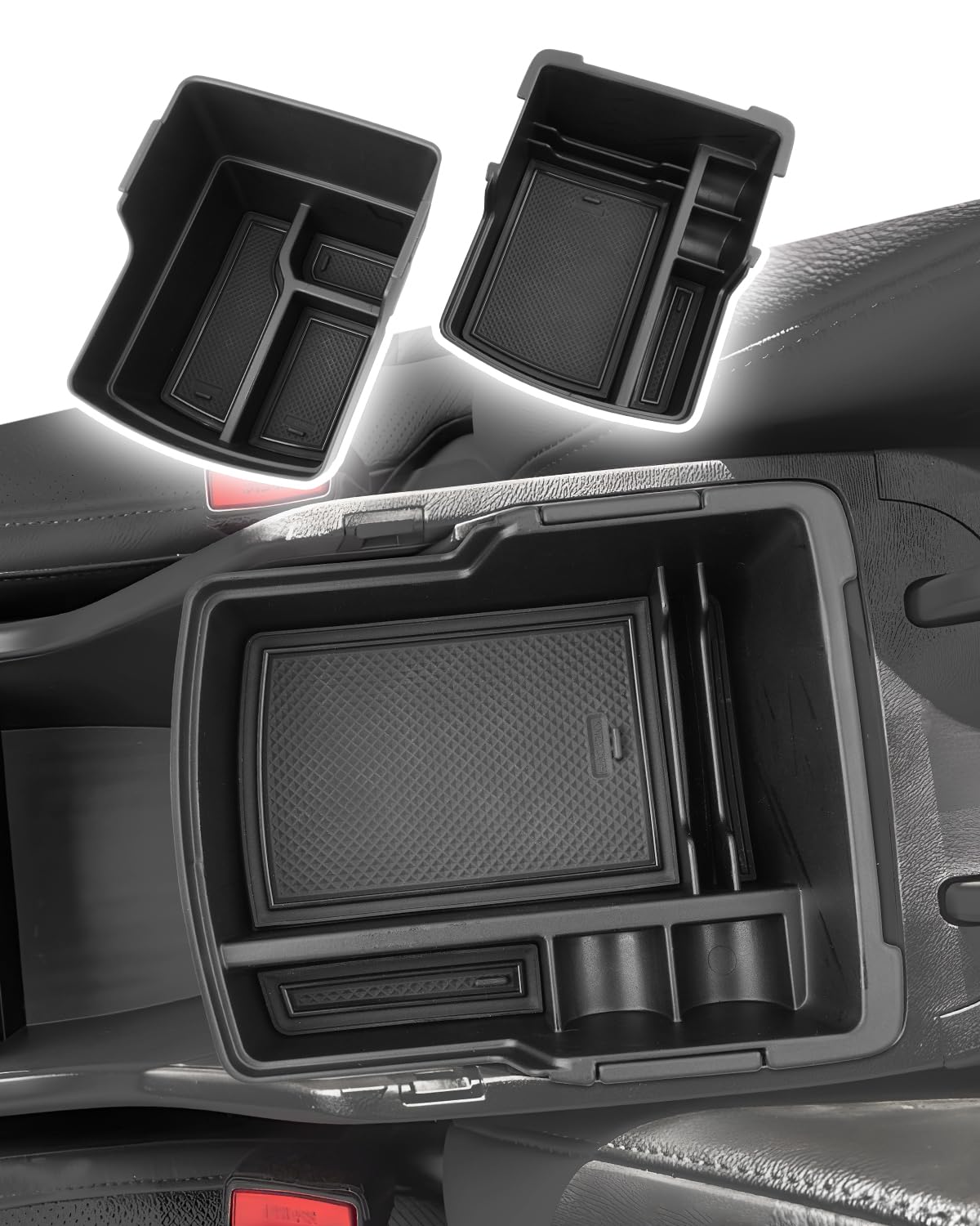 CDEFG Double Layer Armrest Storage Box upper layer insert keeps essentials within reach in the Kona