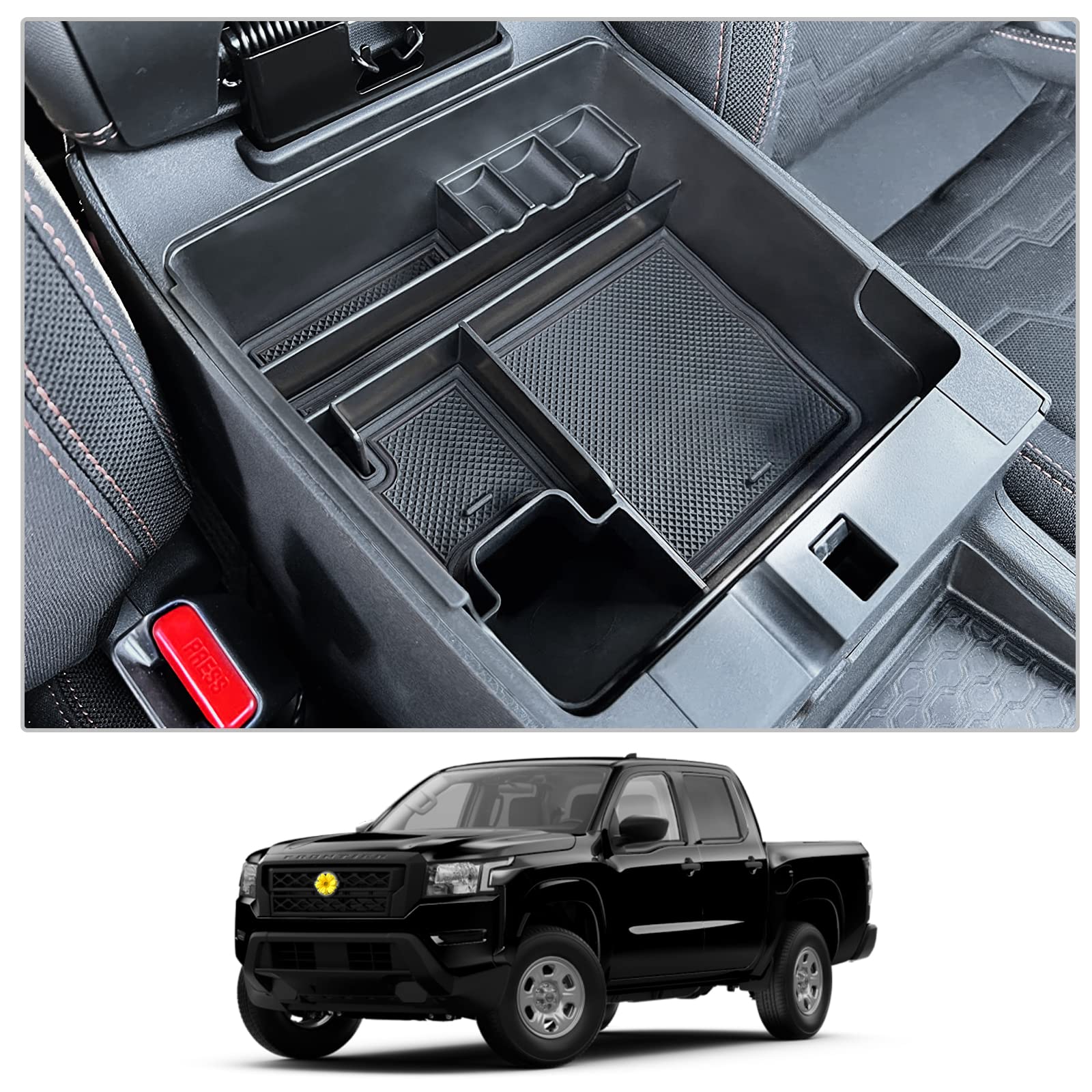 CDEFG Frontier console organizer tray close-up highlighting tidy storage and USB cable routing