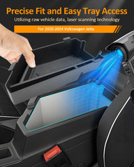 CDEFG Jetta armrest storage box demonstrates tidy interior and quick access to small items.
