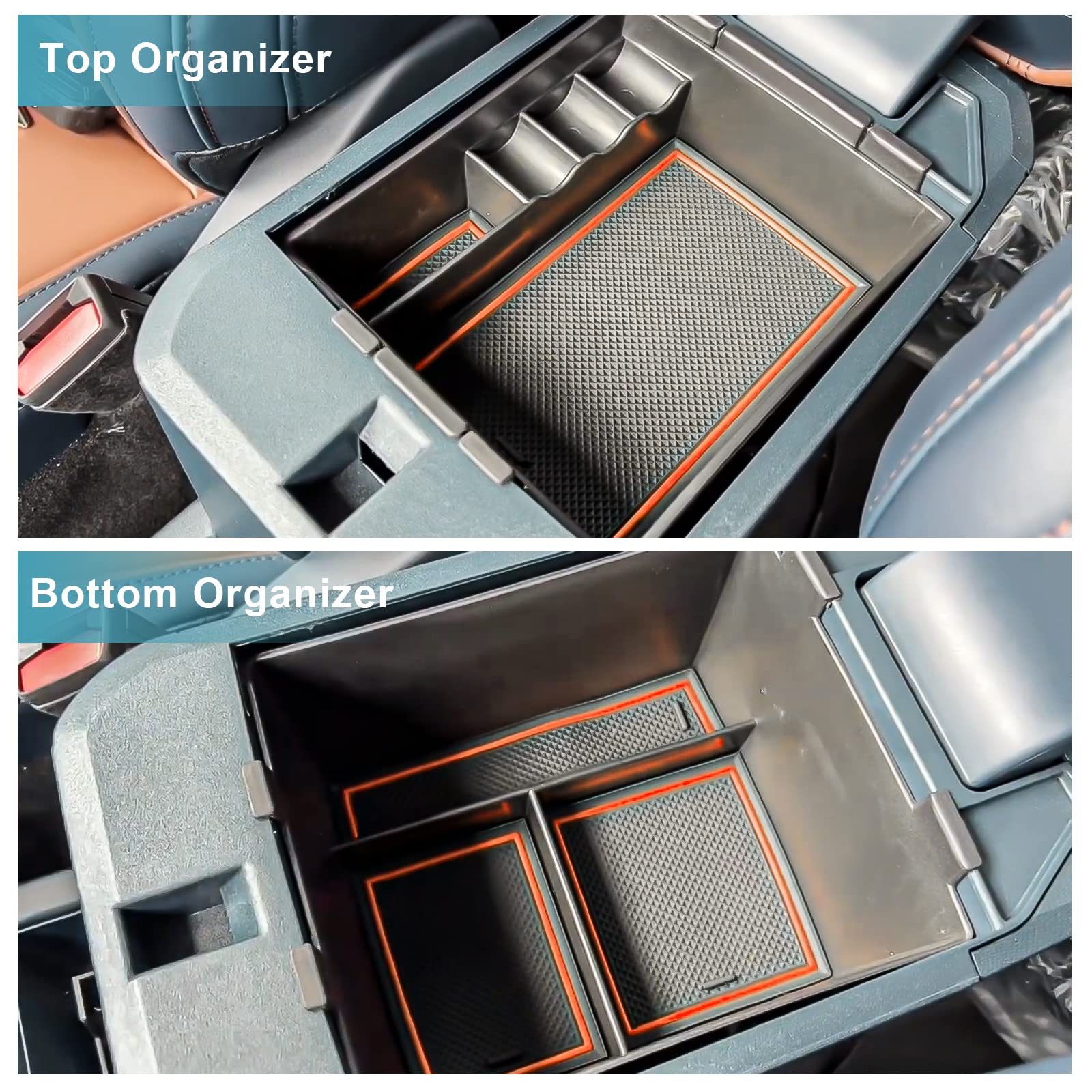CDEFG Maverick armrest tray orange trim provides easy-access storage.