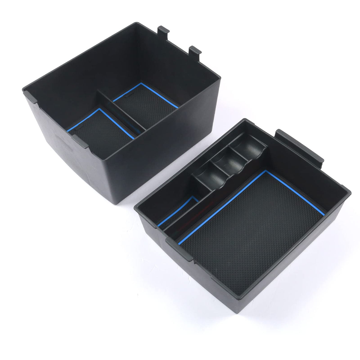 CDEFG Maverick center console organizer tray with blue trim keeps items organized and reachable