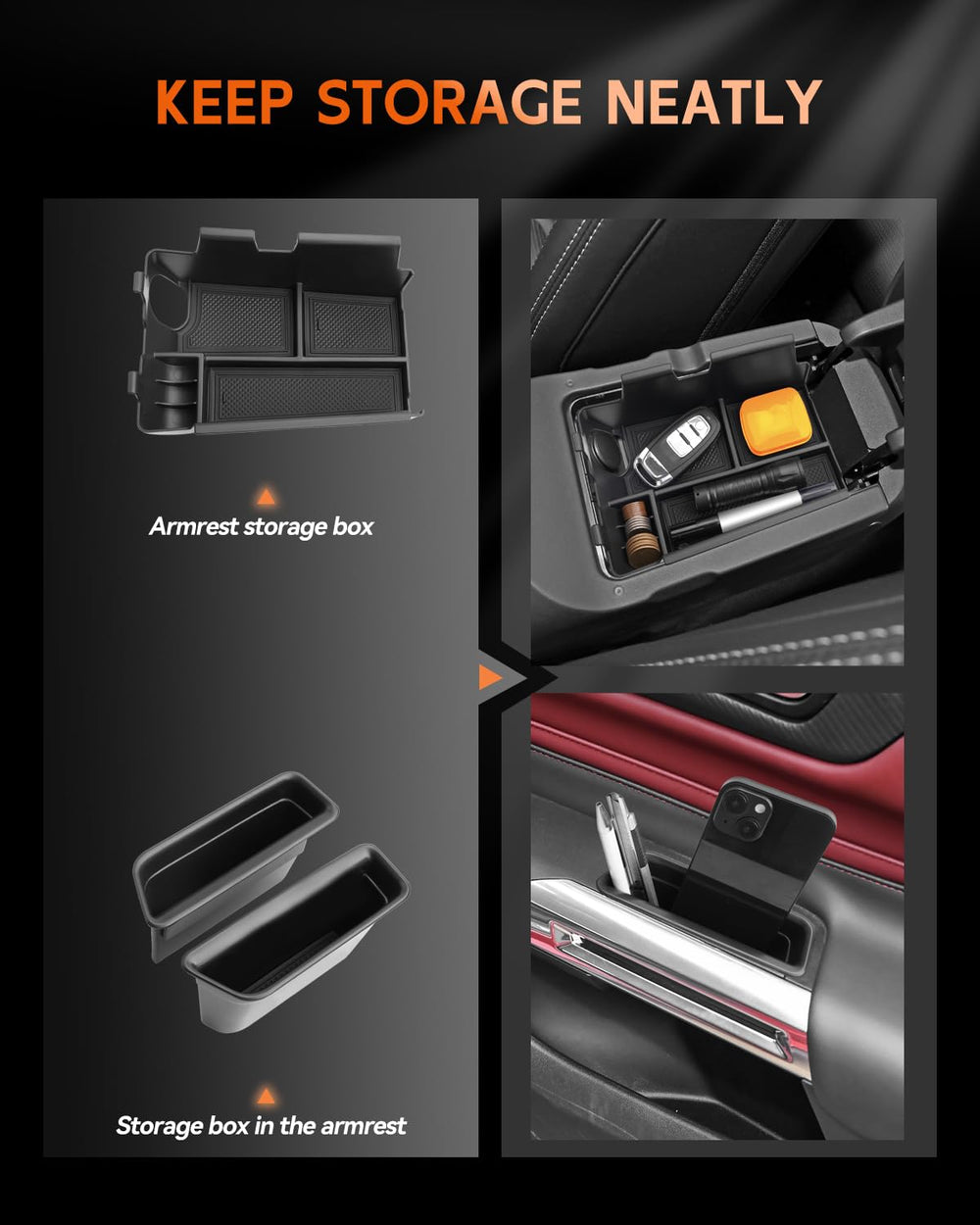 CDEFG Mustang armrest storage fit integrates seamlessly into the console.