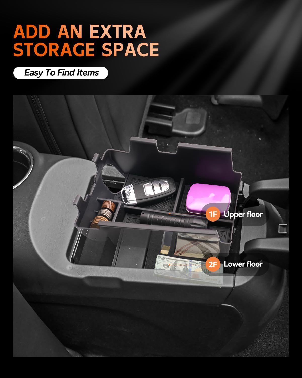 CDEFG Two-pack set for Mustang adds organized spaces in armrest and doors.