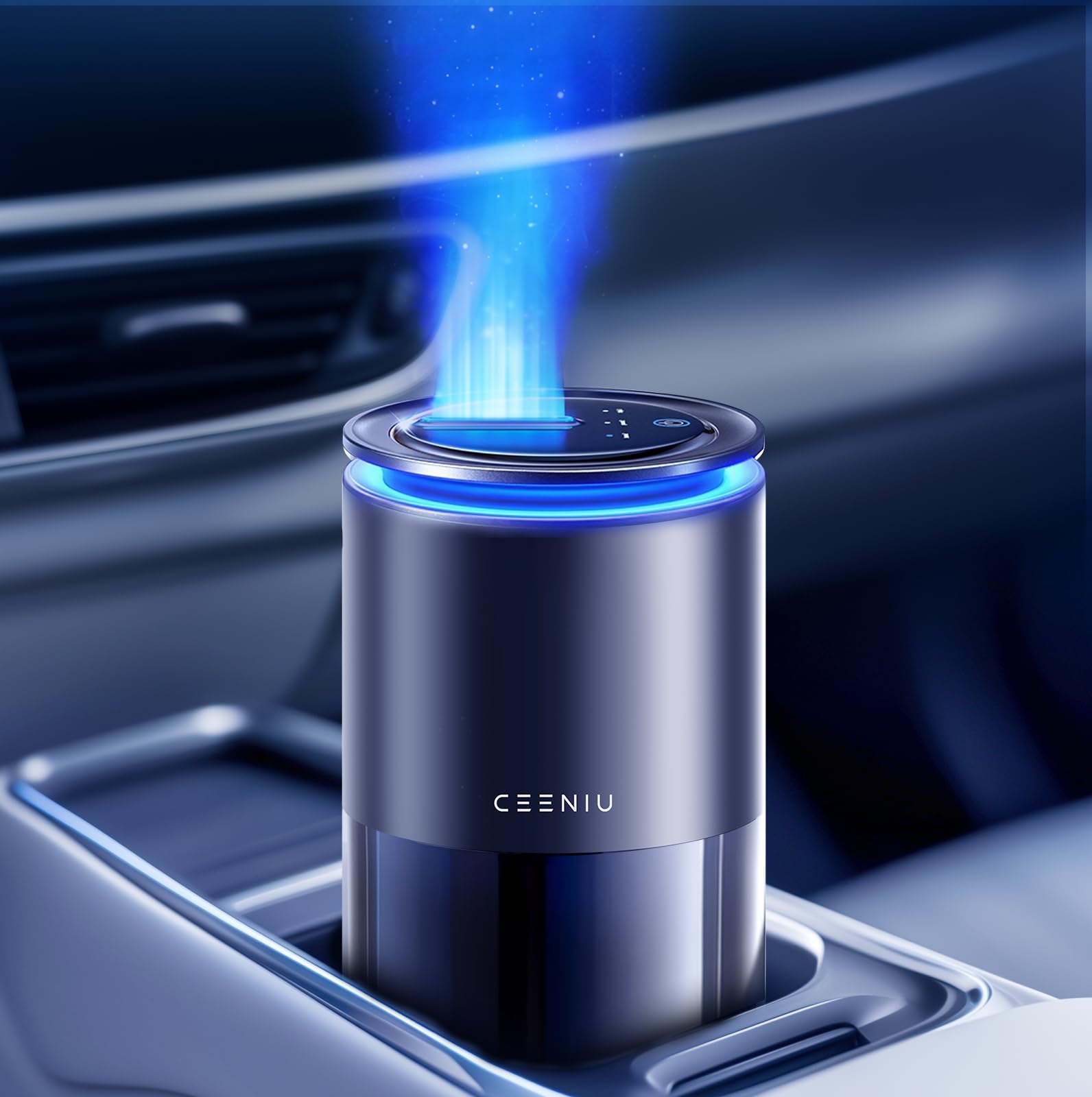 Ceeniu CF12 Pro in-car diffuser on dashboard showing compact design and fragrance release