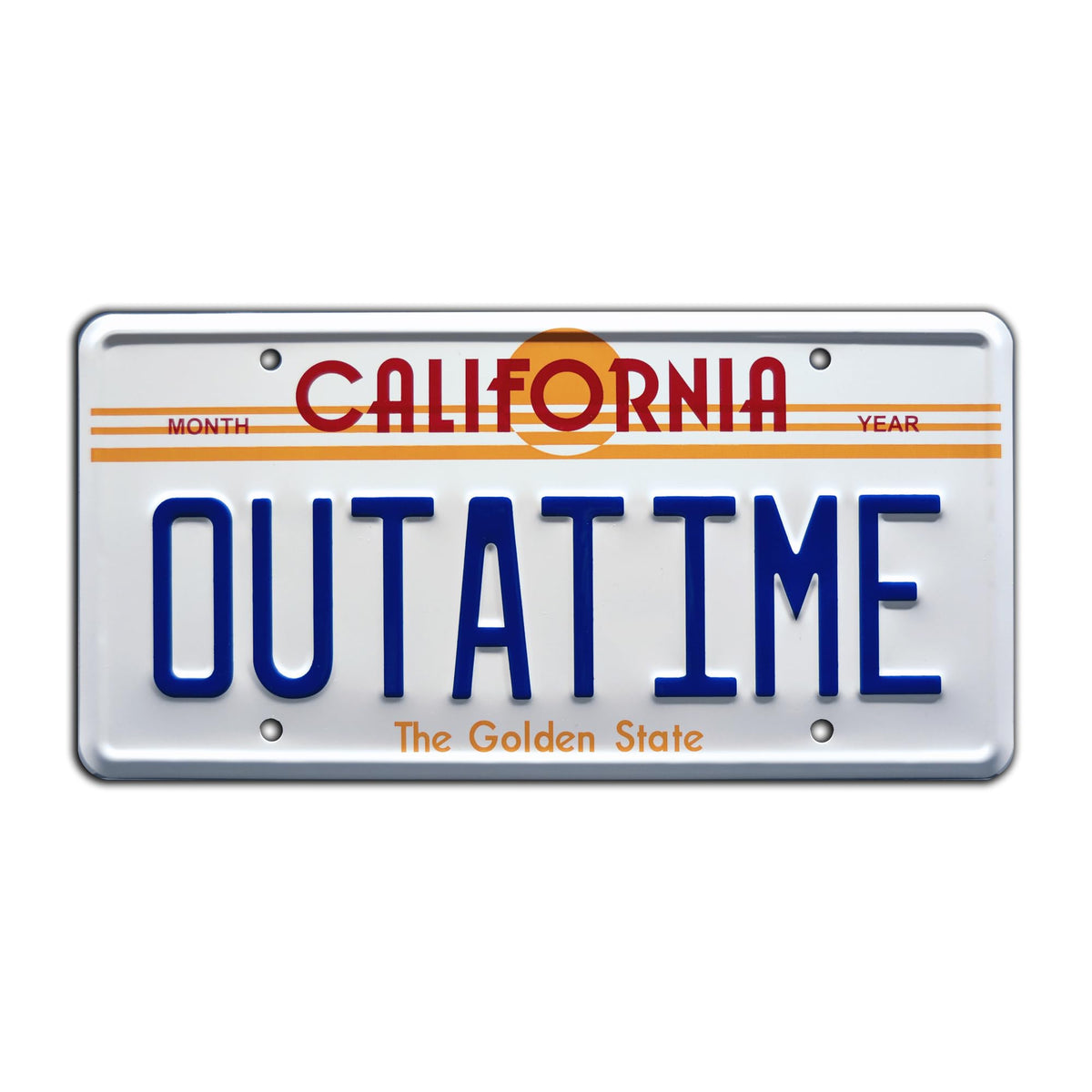 Celebrity Machines Outatime license plate for nostalgic display and conversation starters.