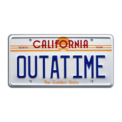 Celebrity Machines Outatime license plate for nostalgic display and conversation starters.