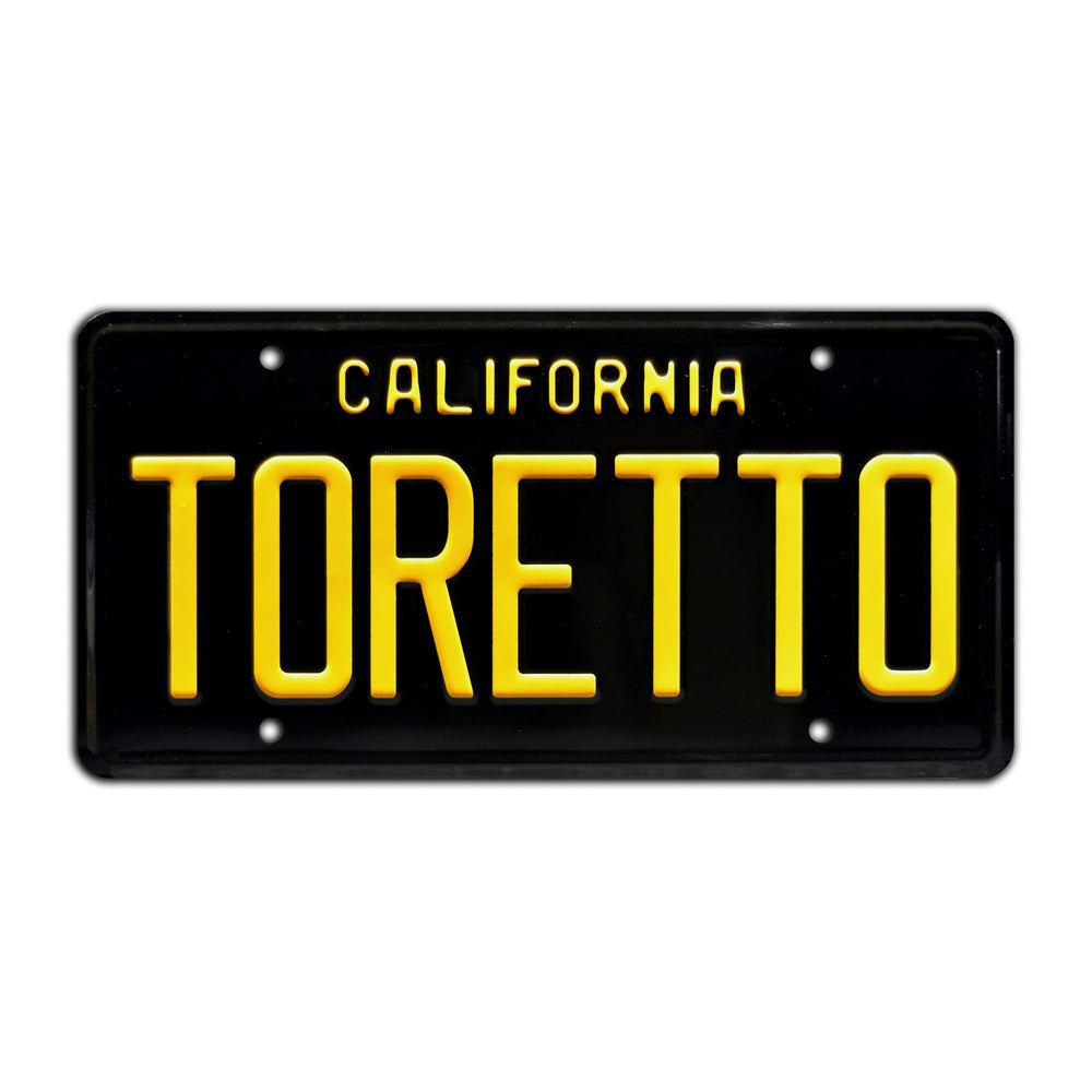 Celebrity Machines Toretto vanity plate shown for display and conversation starter