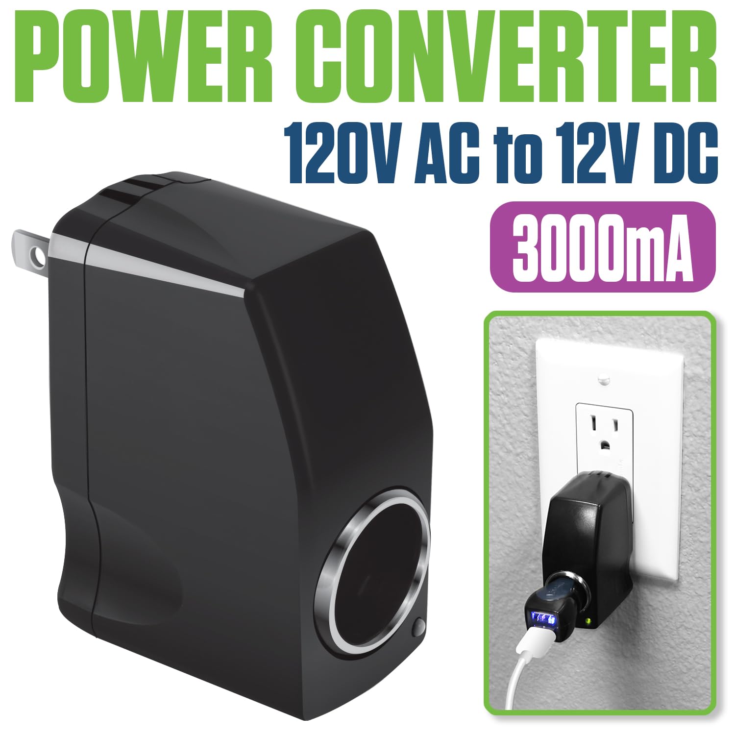 Cellet adapter plugged into wall outlet for 12V power