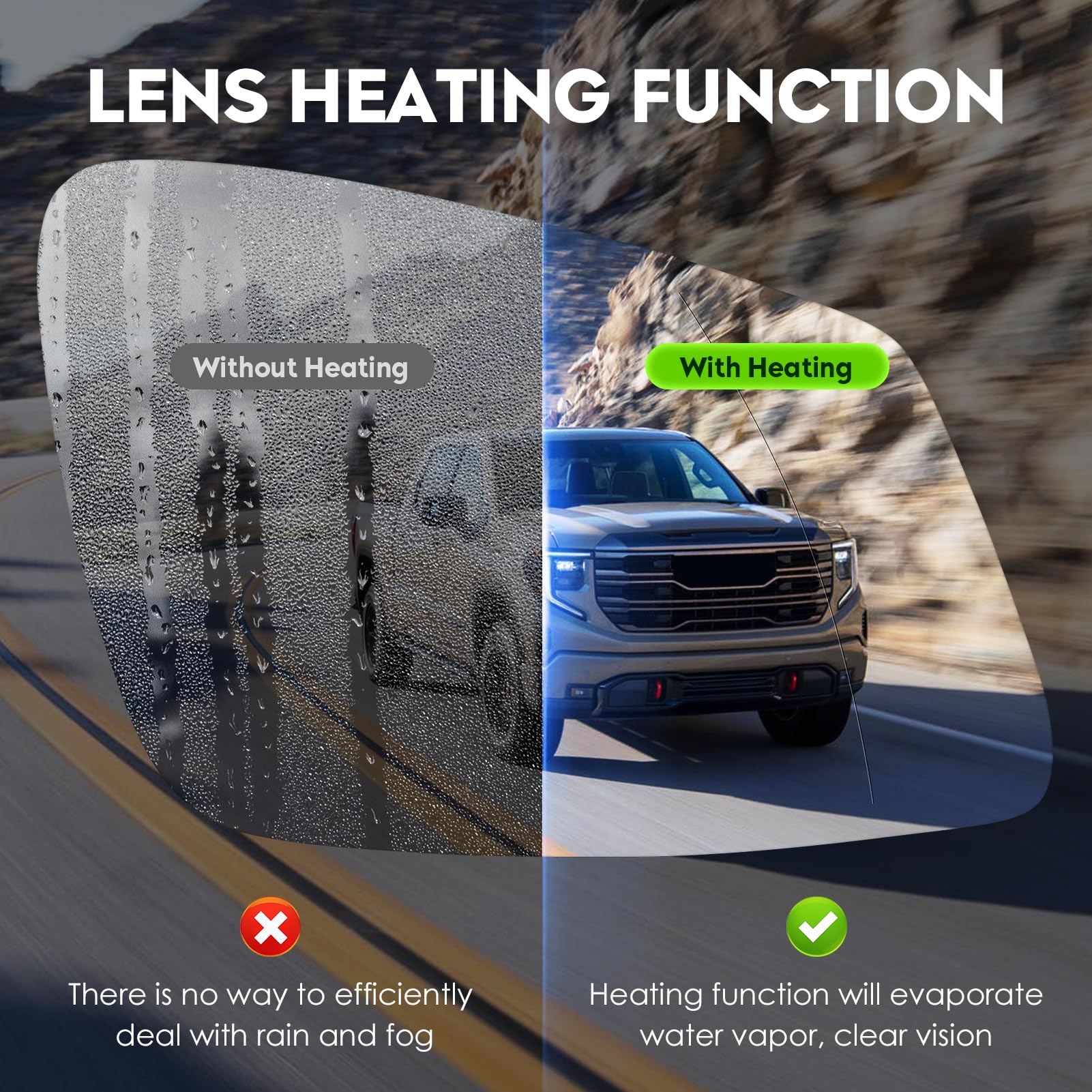 Cenfeild heated mirror element on BMW right side aids defogging.