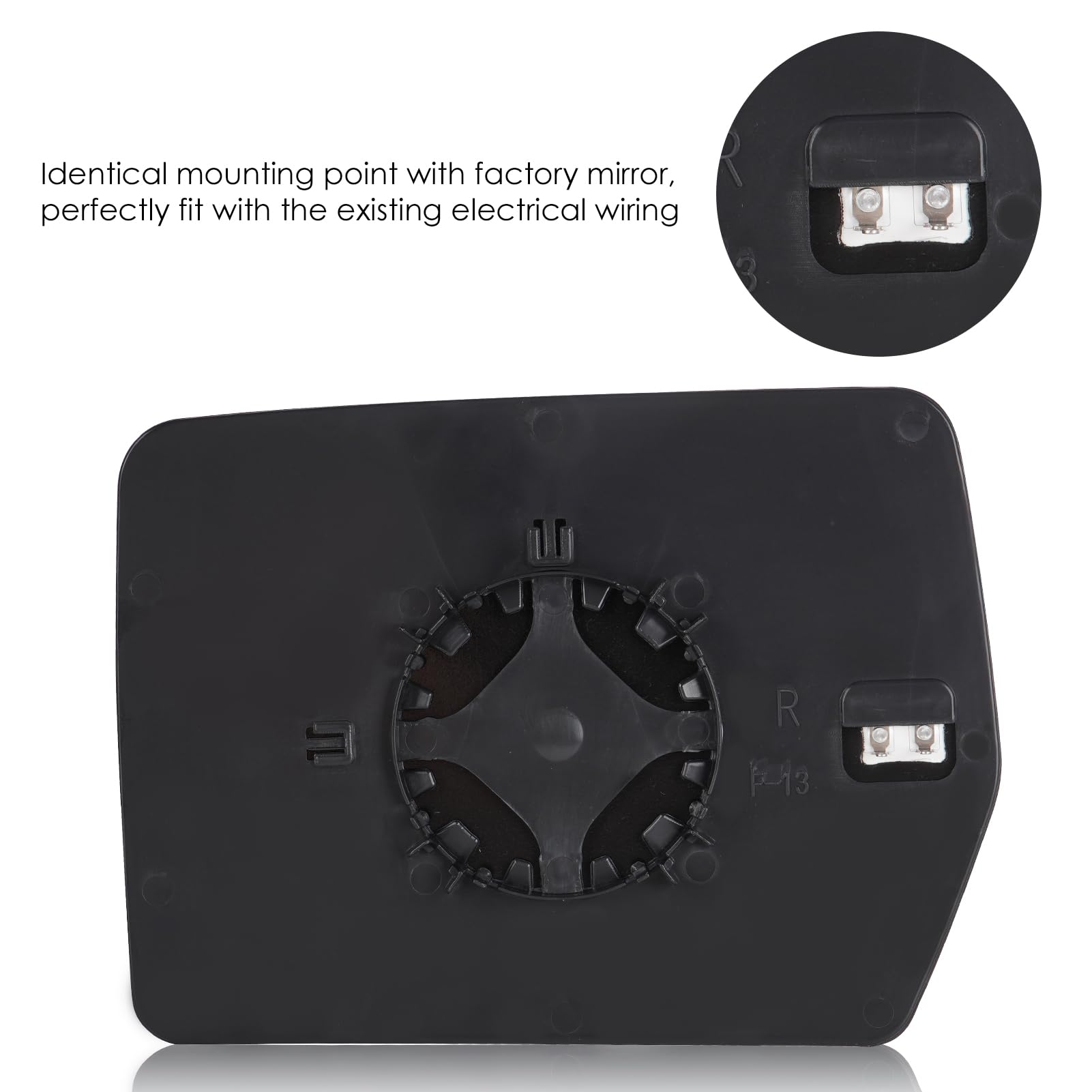 Cenfeild direct replacement mirror glass with factory-like mounting.