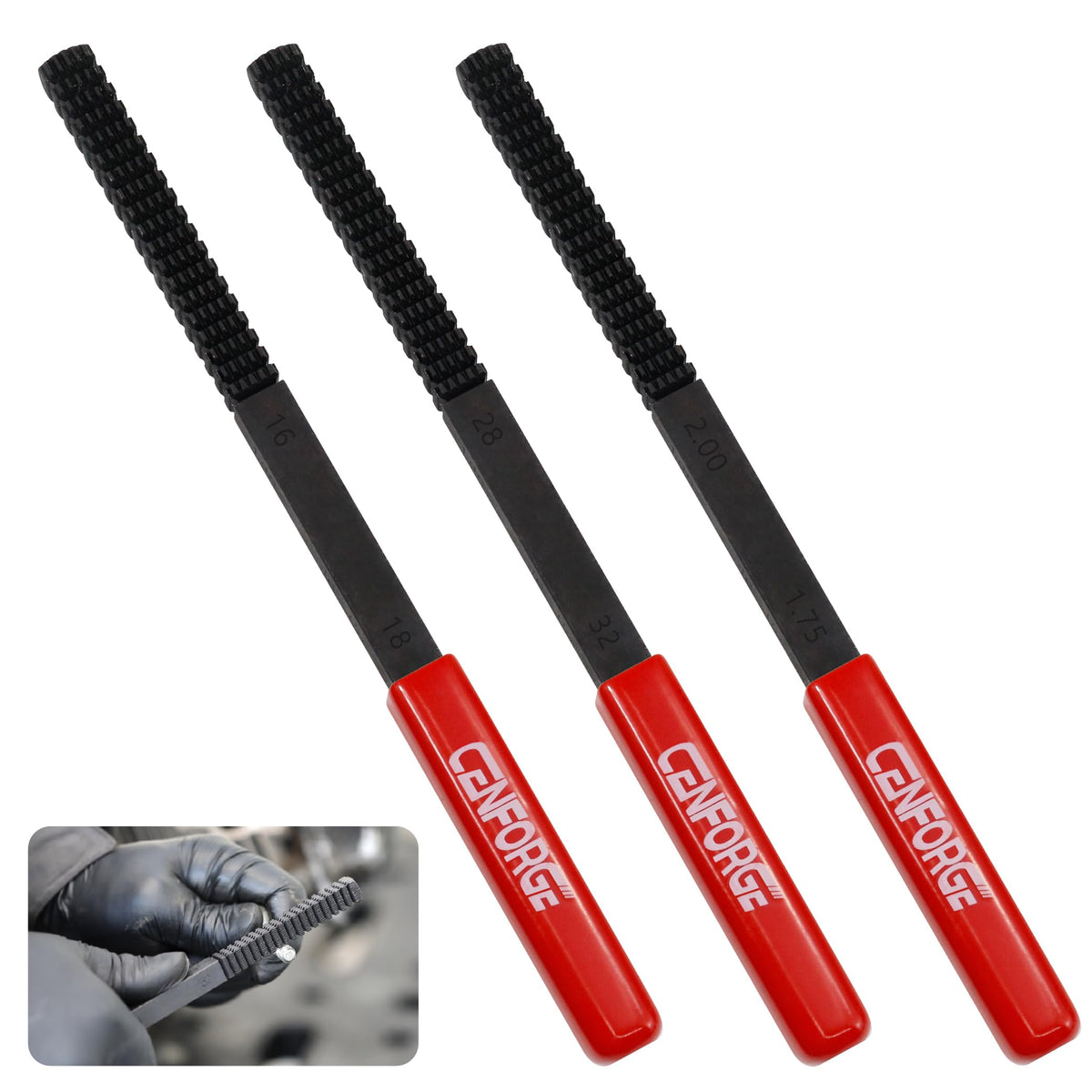 CENFORGE 3PC Thread Restorer Set package shows on-site repair capability.