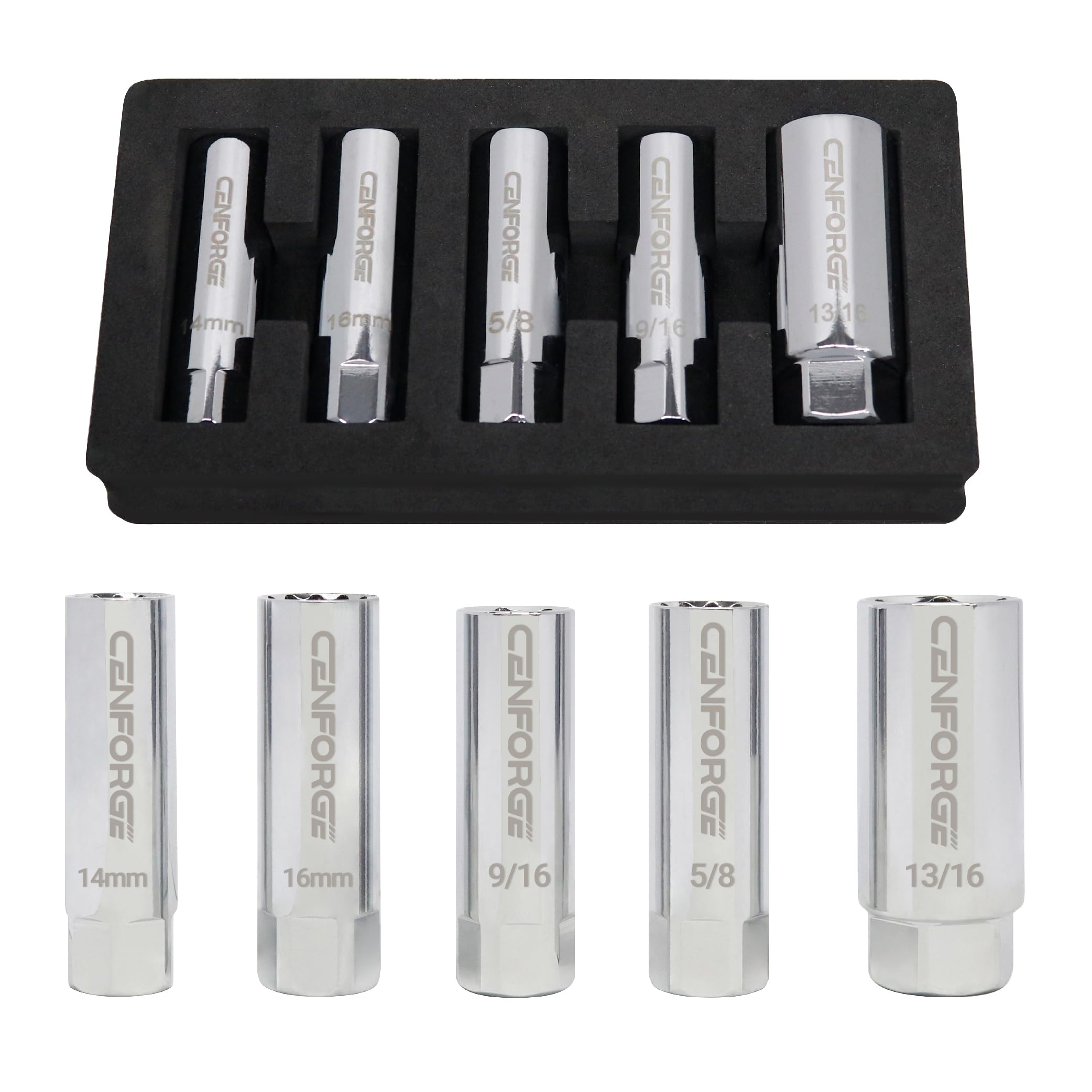 CENFORGE 14mm magnetic spark plug socket grips plugs securely for easy installation.