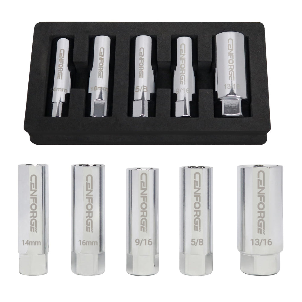 CENFORGE 14mm magnetic spark plug socket grips plugs securely for easy installation.