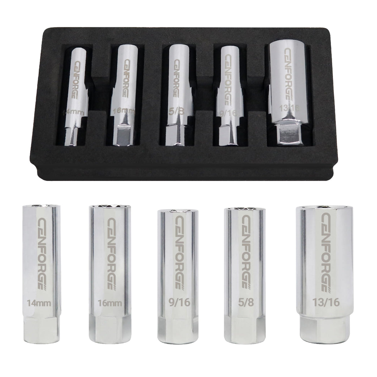 CENFORGE 14mm magnetic spark plug socket grips plugs securely for easy installation.