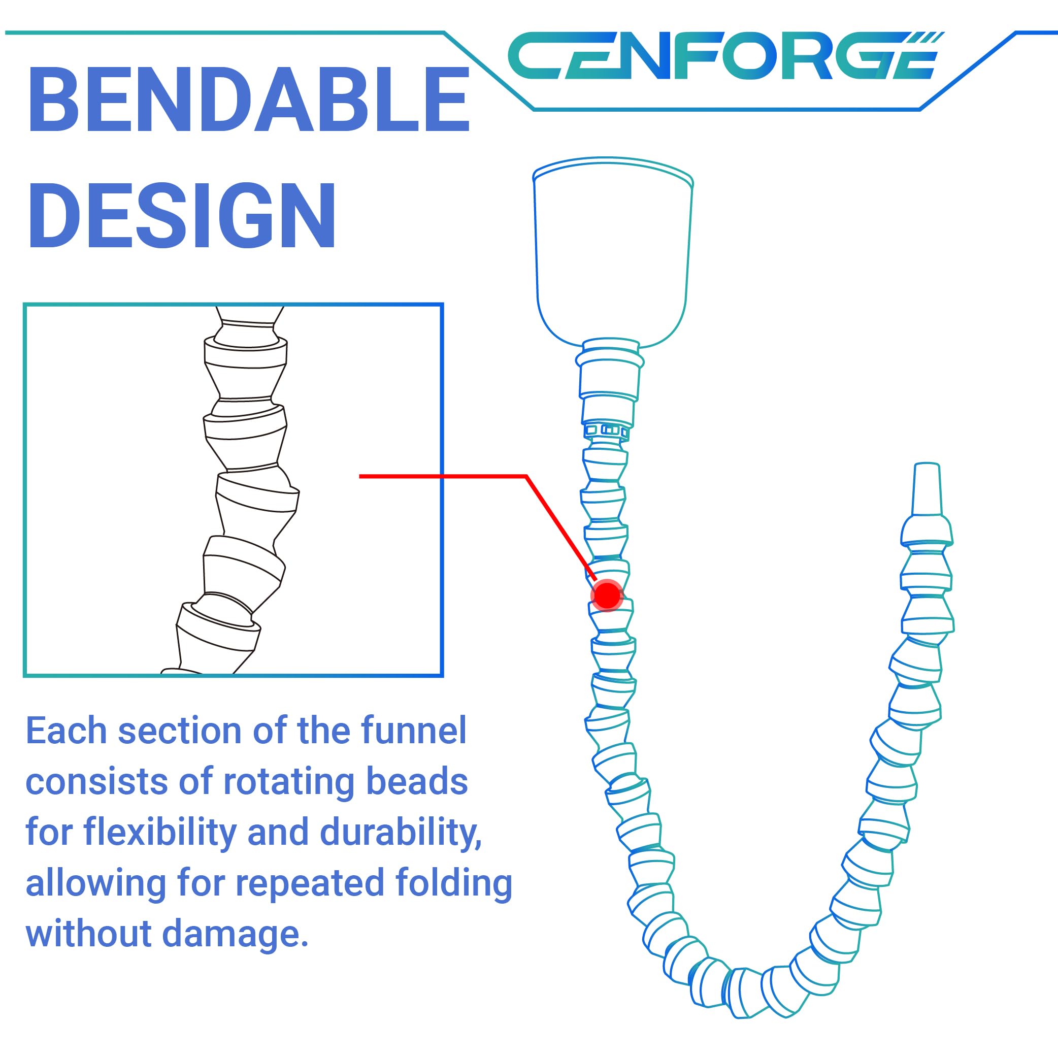 CENFORGE bendable funnel in use, holding shape for hands-free pouring