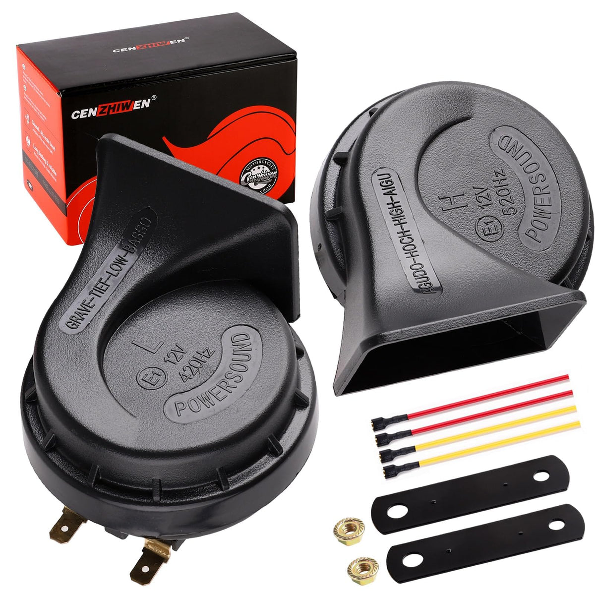 Cenzhiwen car horns 130dB dual pack front view for high visibility and safety