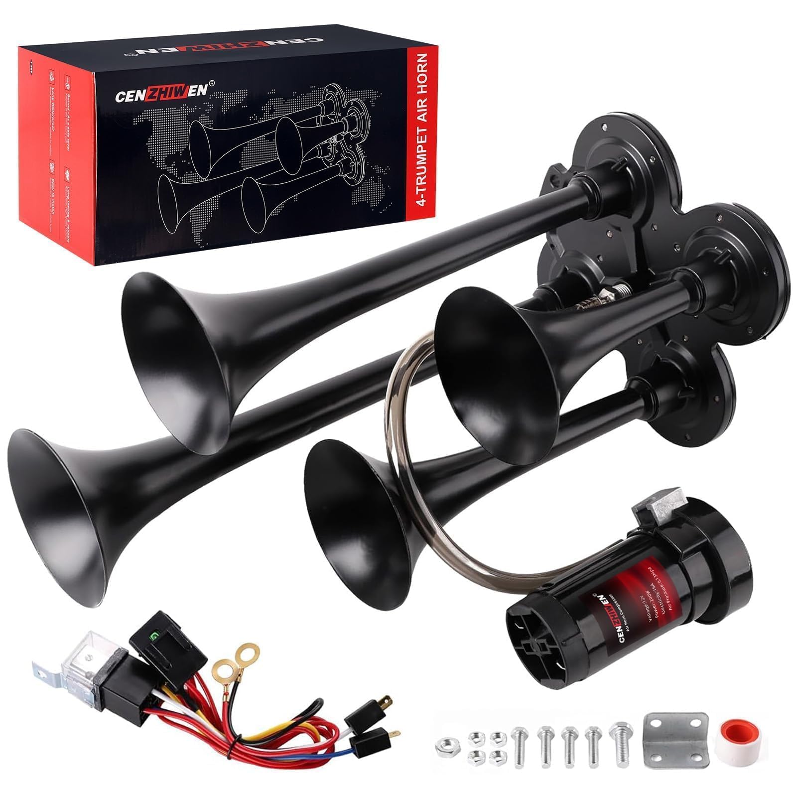 Cenzhiwen train horn kit with four trumpets for powerful truck signaling