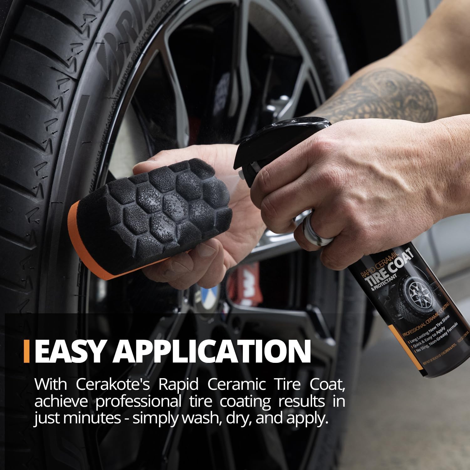 CERAKOTE Rapid Ceramic Tire Coat delivers deep black tire shine after application