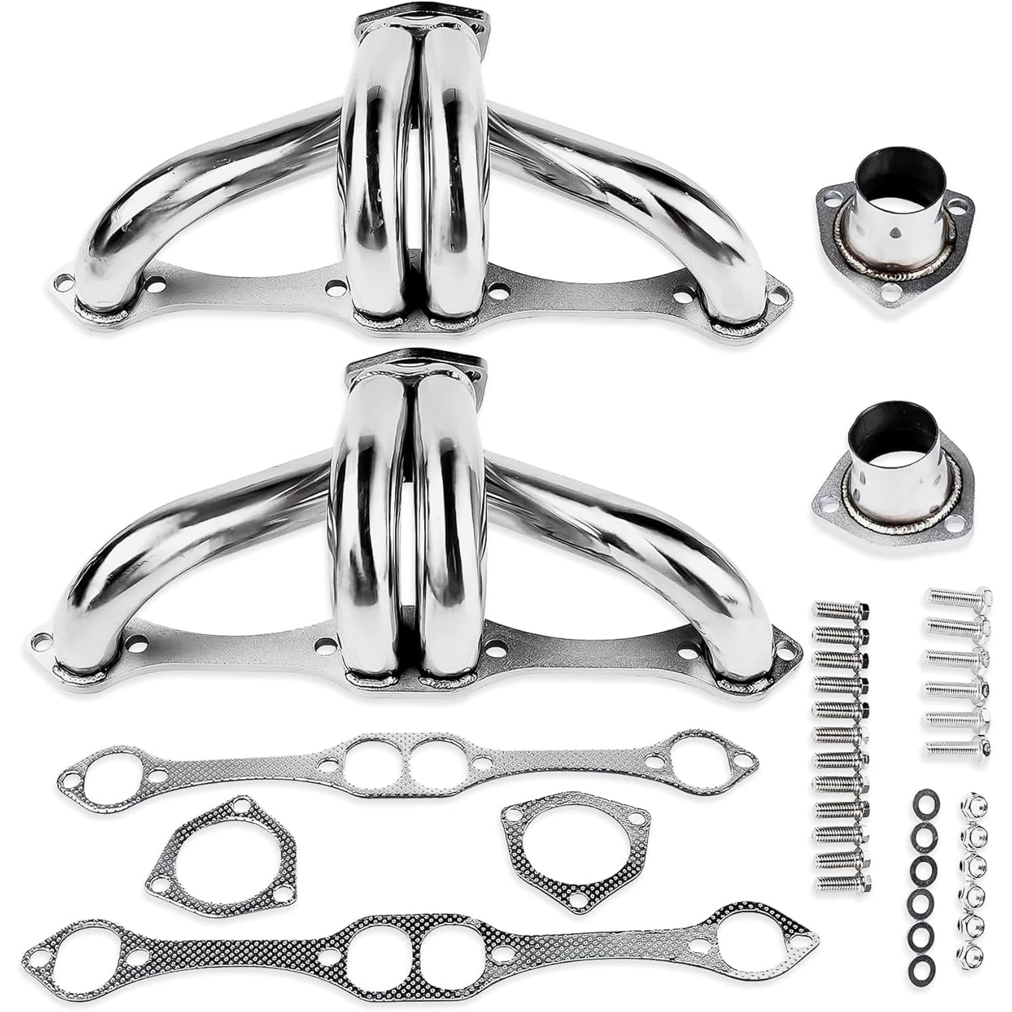 Certified Automotive Experts center-dump block hugger header Gen 1 SBC 265 improves engine bay clearance for Chevy swaps.