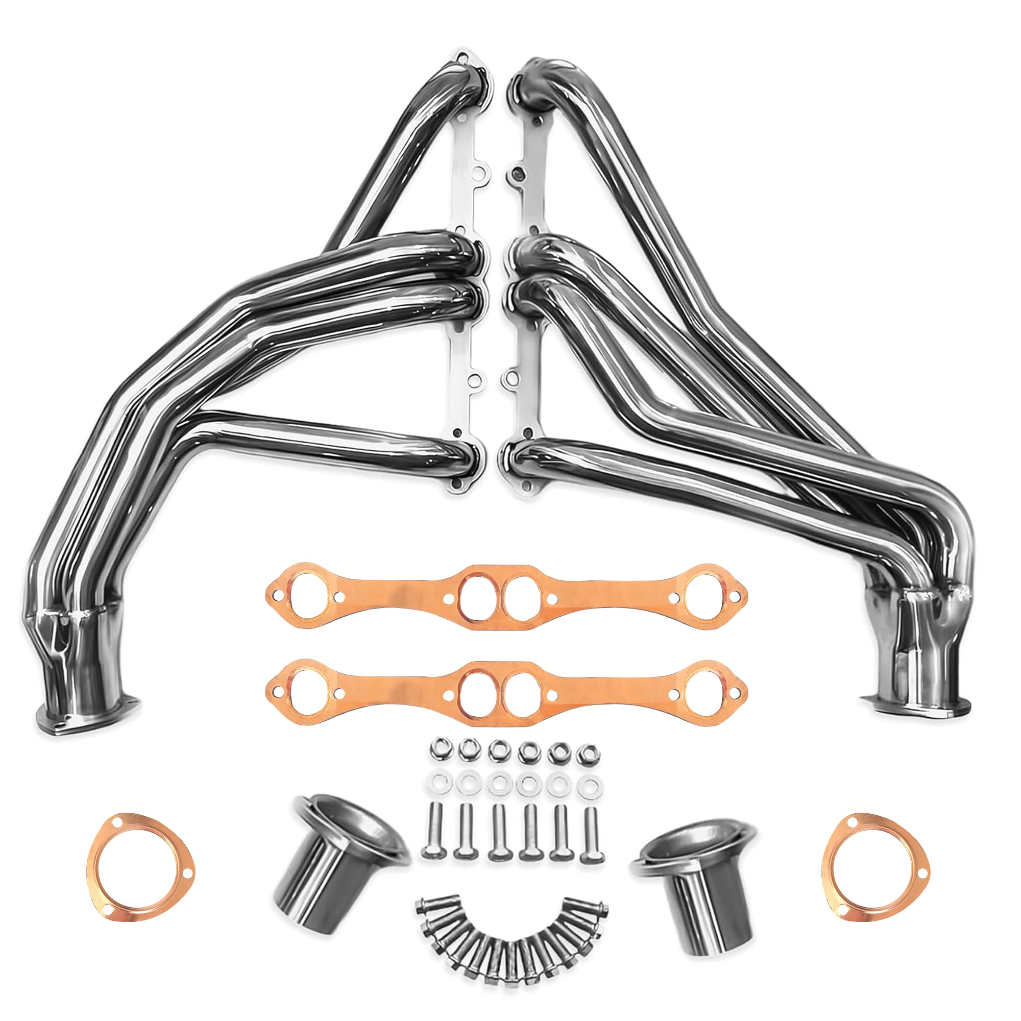 Certified Automotive Experts polished stainless long-tube header for SBC Chevy engines enhances exhaust flow.