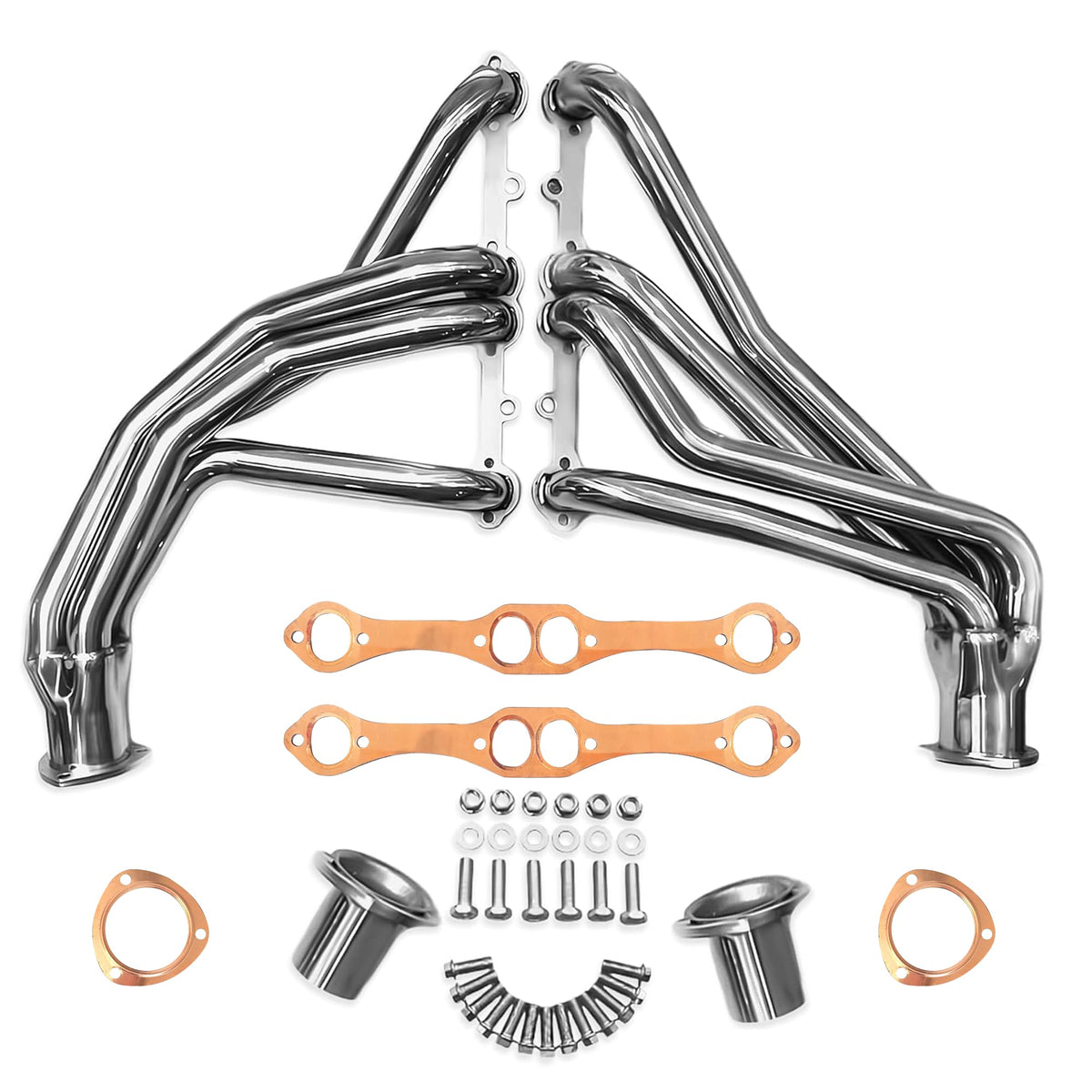 Certified Automotive Experts polished stainless long-tube header for SBC Chevy engines enhances exhaust flow.