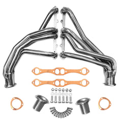 Certified Automotive Experts polished stainless long-tube header for SBC Chevy engines enhances exhaust flow.