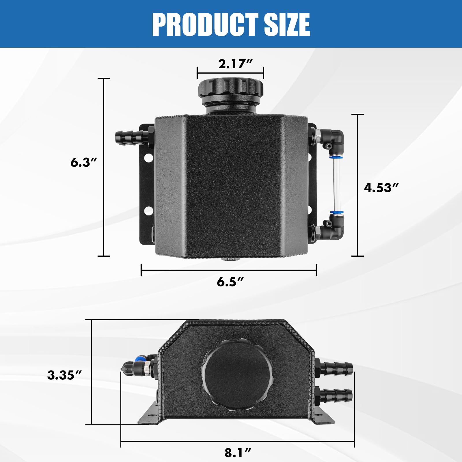 Cesilili 1L aluminum overflow tank side view with barbed inlet for secure connections