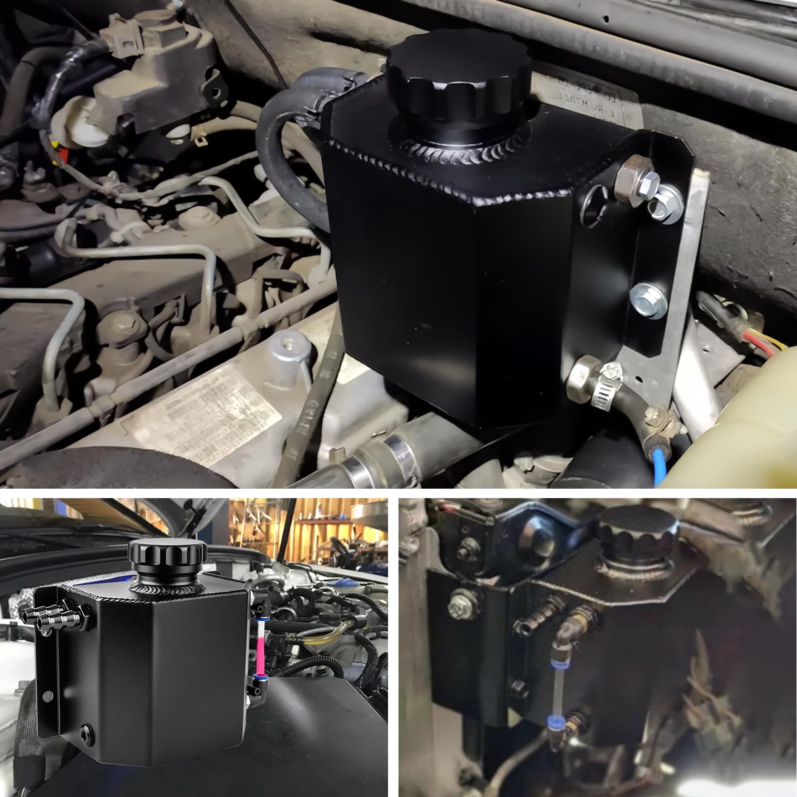 Cesilili 1L aluminum reservoir mounted under hood demonstrates universal compatibility