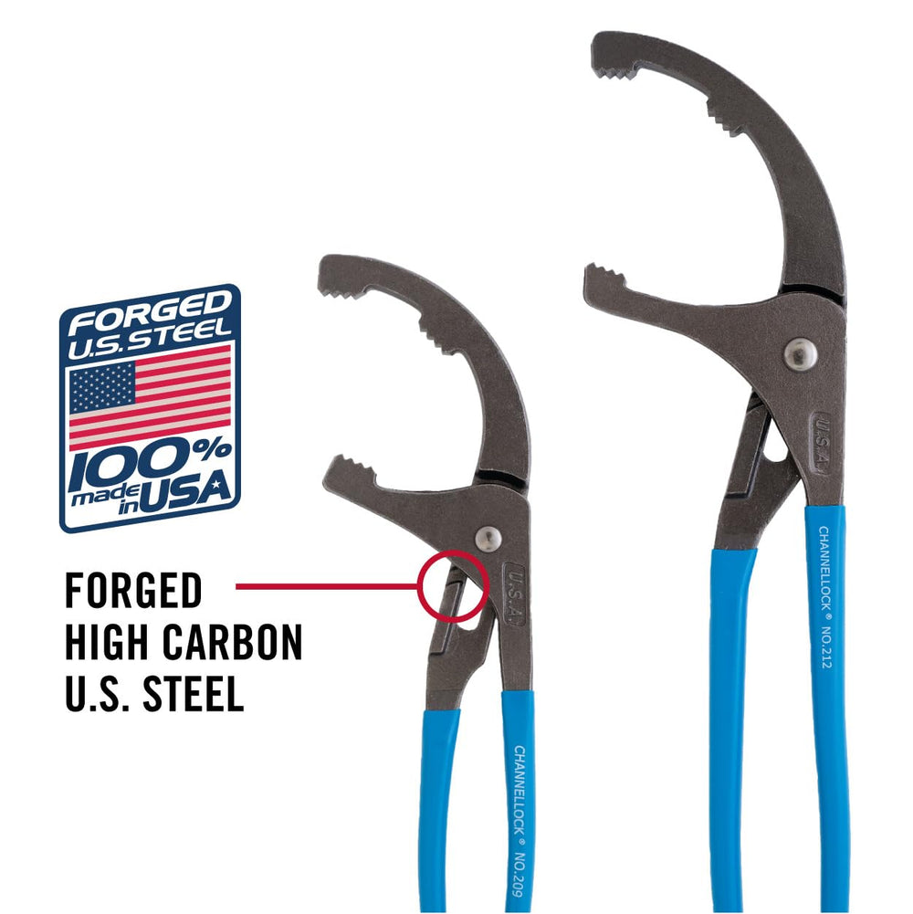 Channellock OF-2 oil filter pliers in action with adjustable jaw for tight spaces.