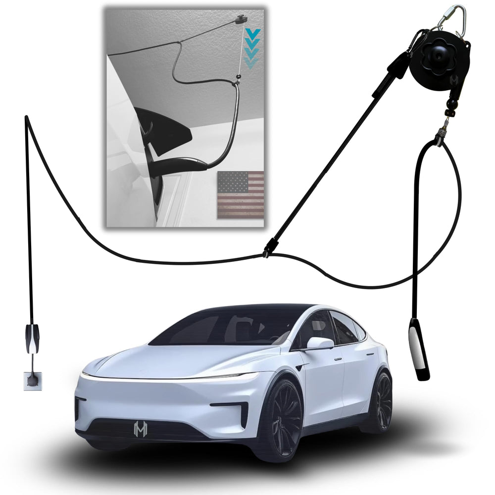 ChargeFlex overhead retractable cable demonstrates organized charging setup in a garage