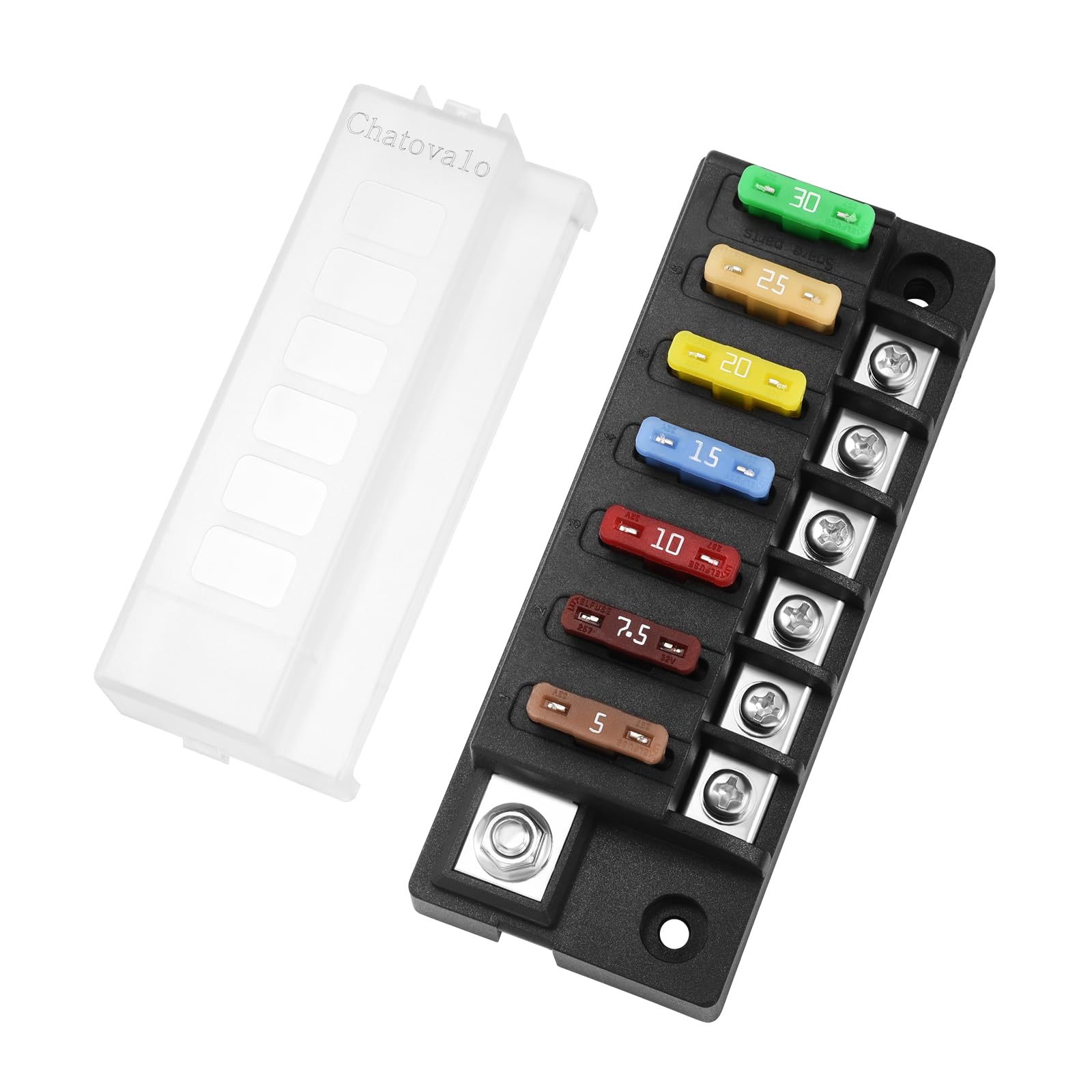 Chatovalo 6-circuit fuse box with cover for splash-resistant installations.