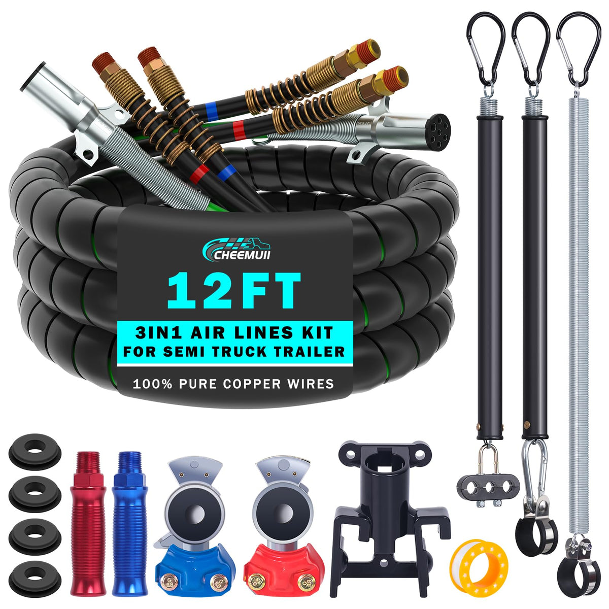 CheeMuii 12ft 3-in-1 air lines kit on a semi truck, ensuring reliable air supply.