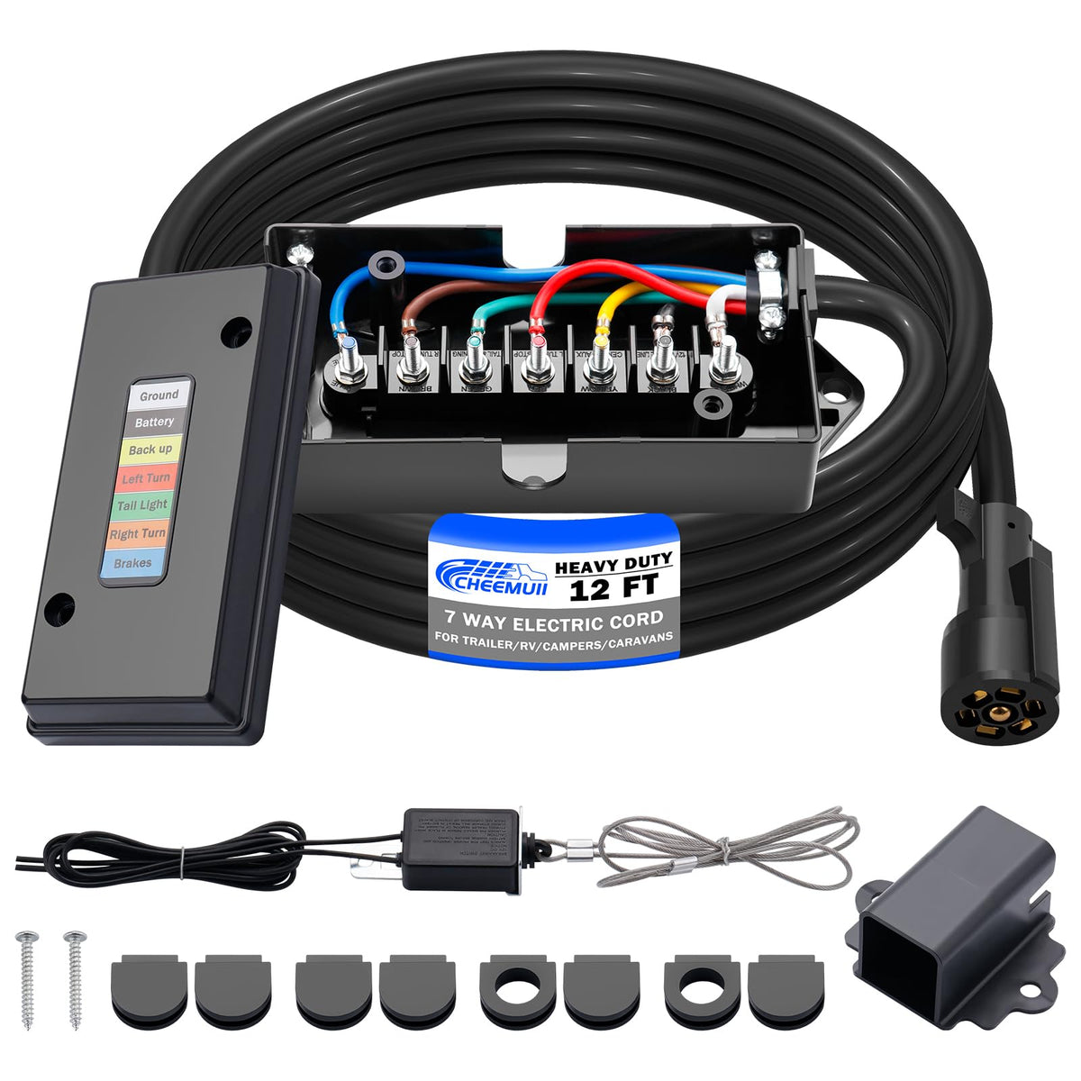 CheeMuii 12 ft 7-way trailer cord with copper conductors for reliable lighting.
