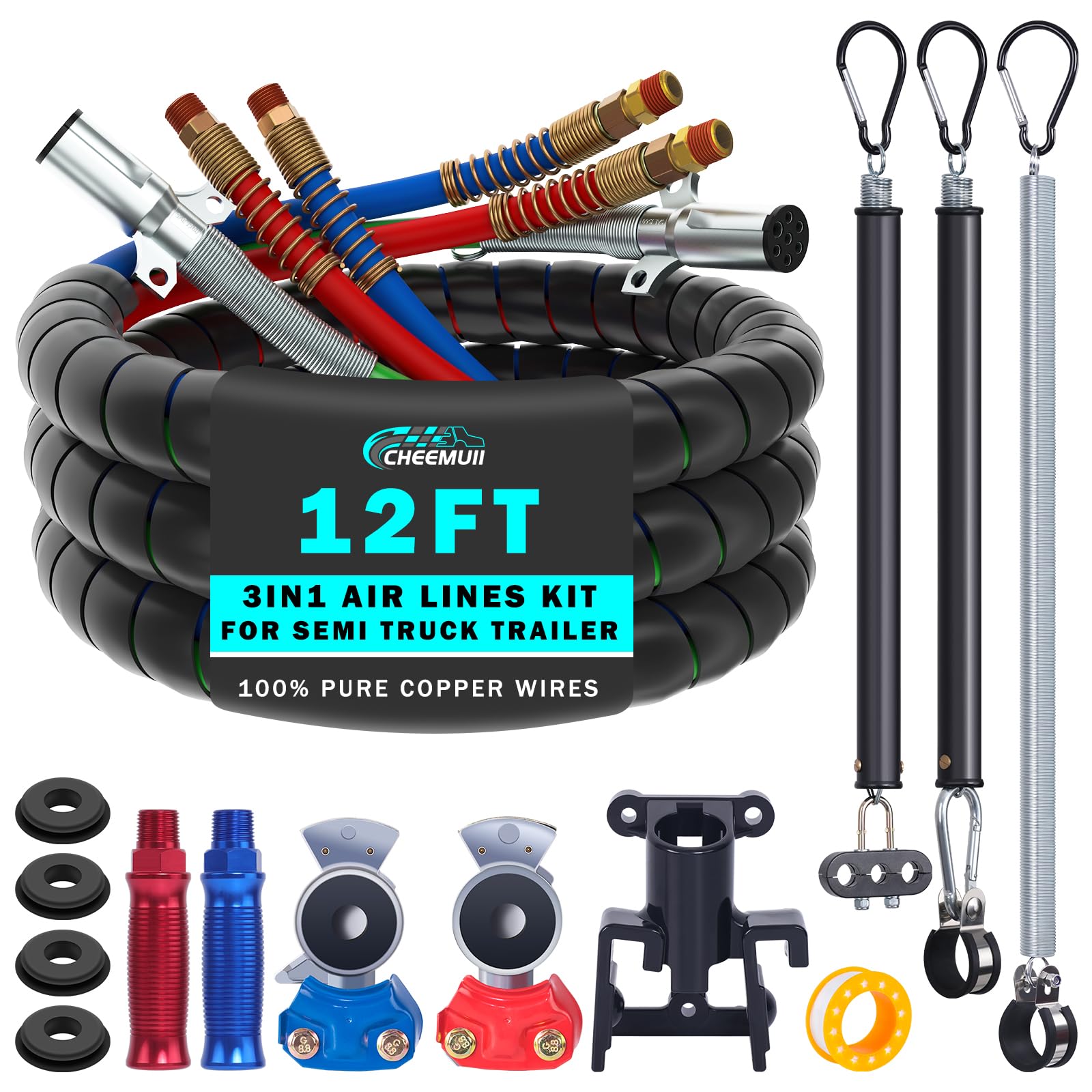 CheeMuii 12ft red and blue air lines kit for tractor trailers improves trailer braking connections.