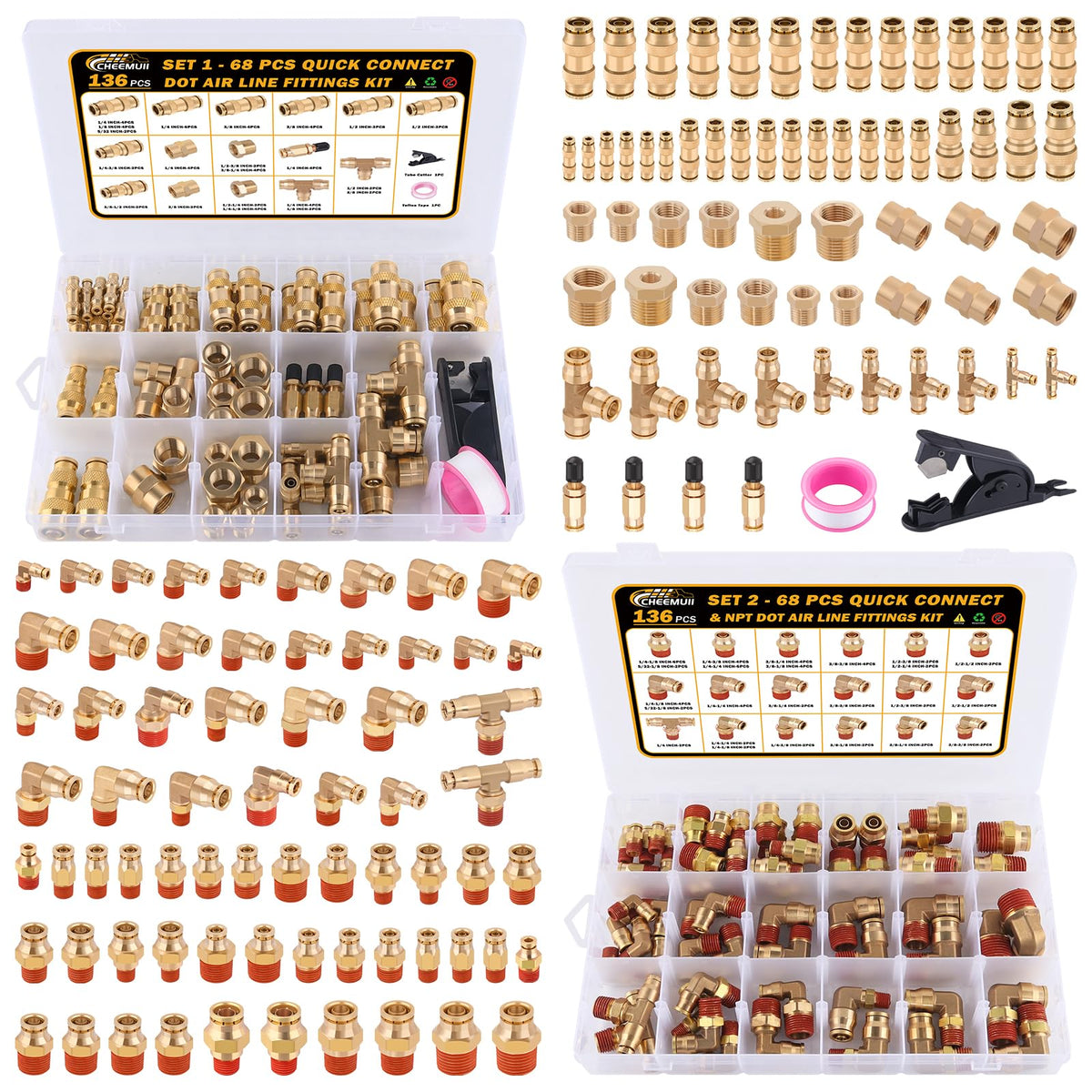 CheeMuii DOT air fittings kit packaging showcases the full 136-piece assortment for quick setup