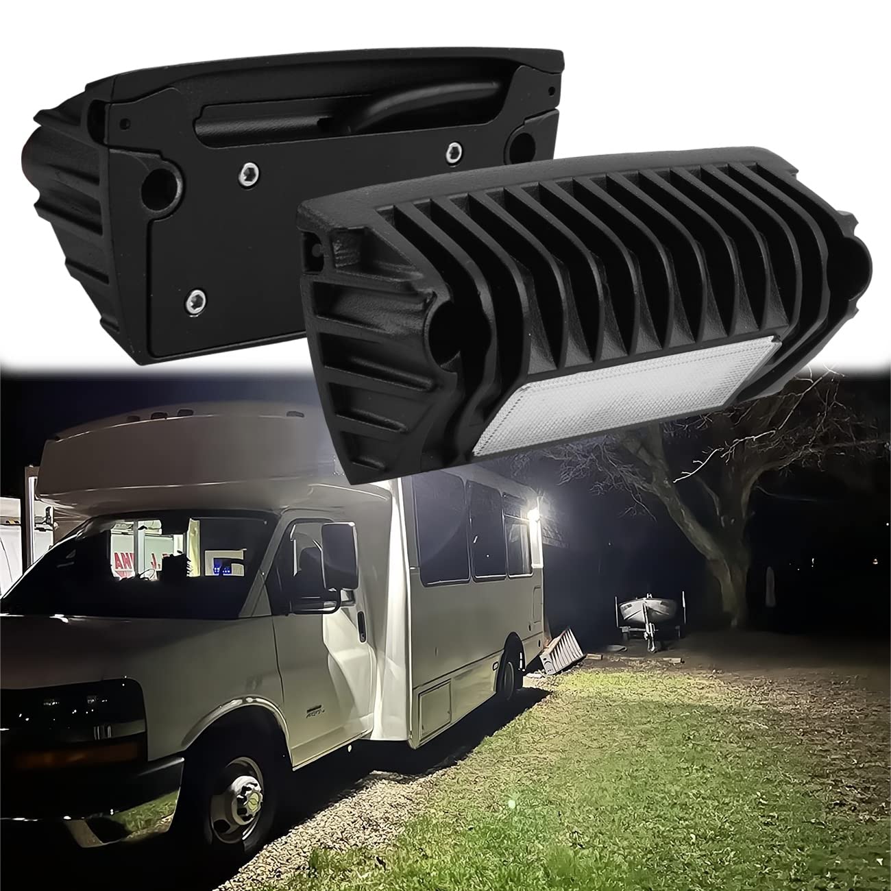 Chelhead exterior RV light illuminating cargo areas and undercarriage at night.
