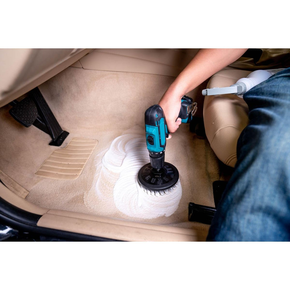Gray Chemical Guys ACC506 spinner brush attached to a drill.
