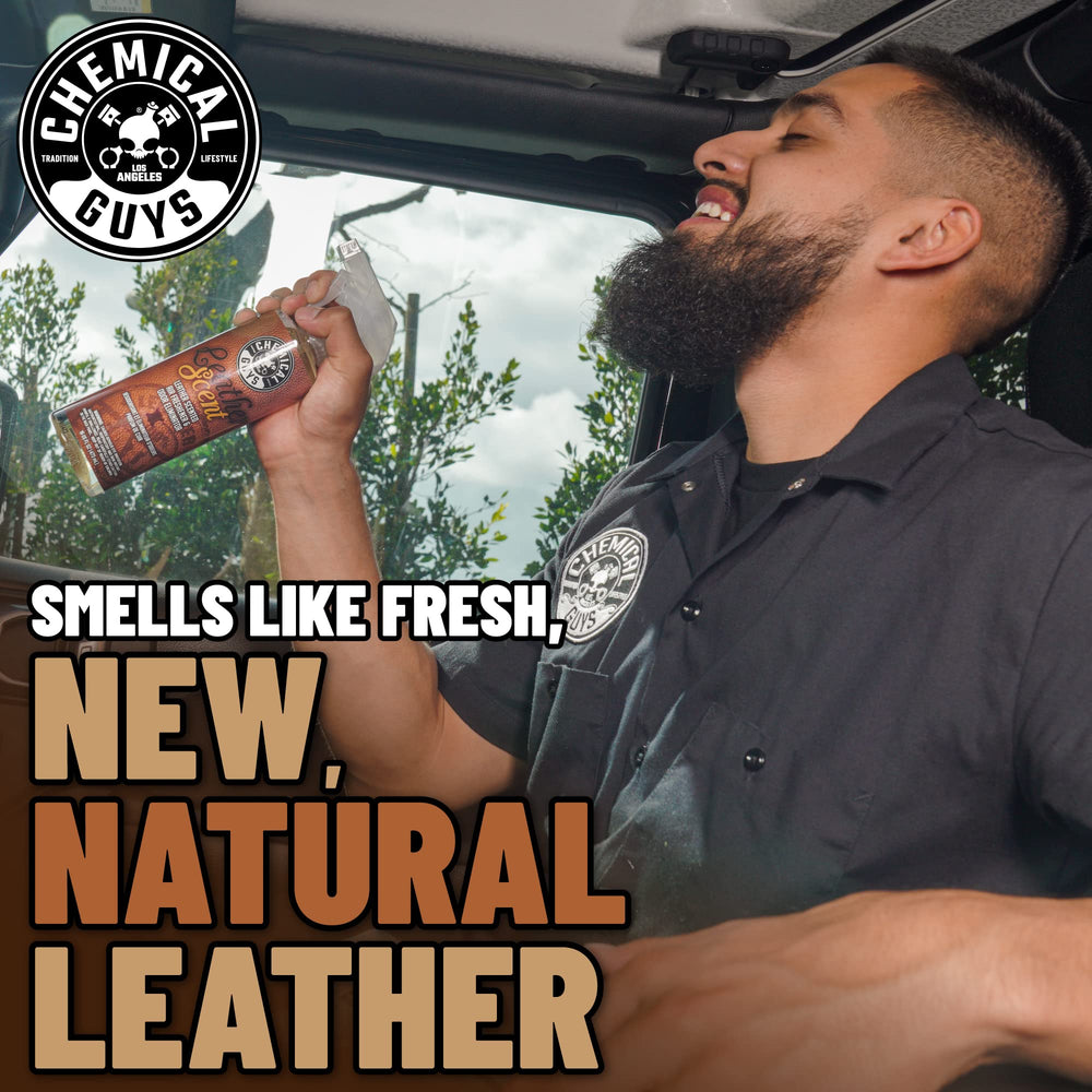 Chemical Guys AIR_300 Leather Scent bottle delivers luxurious leather aroma for cabin ambience.